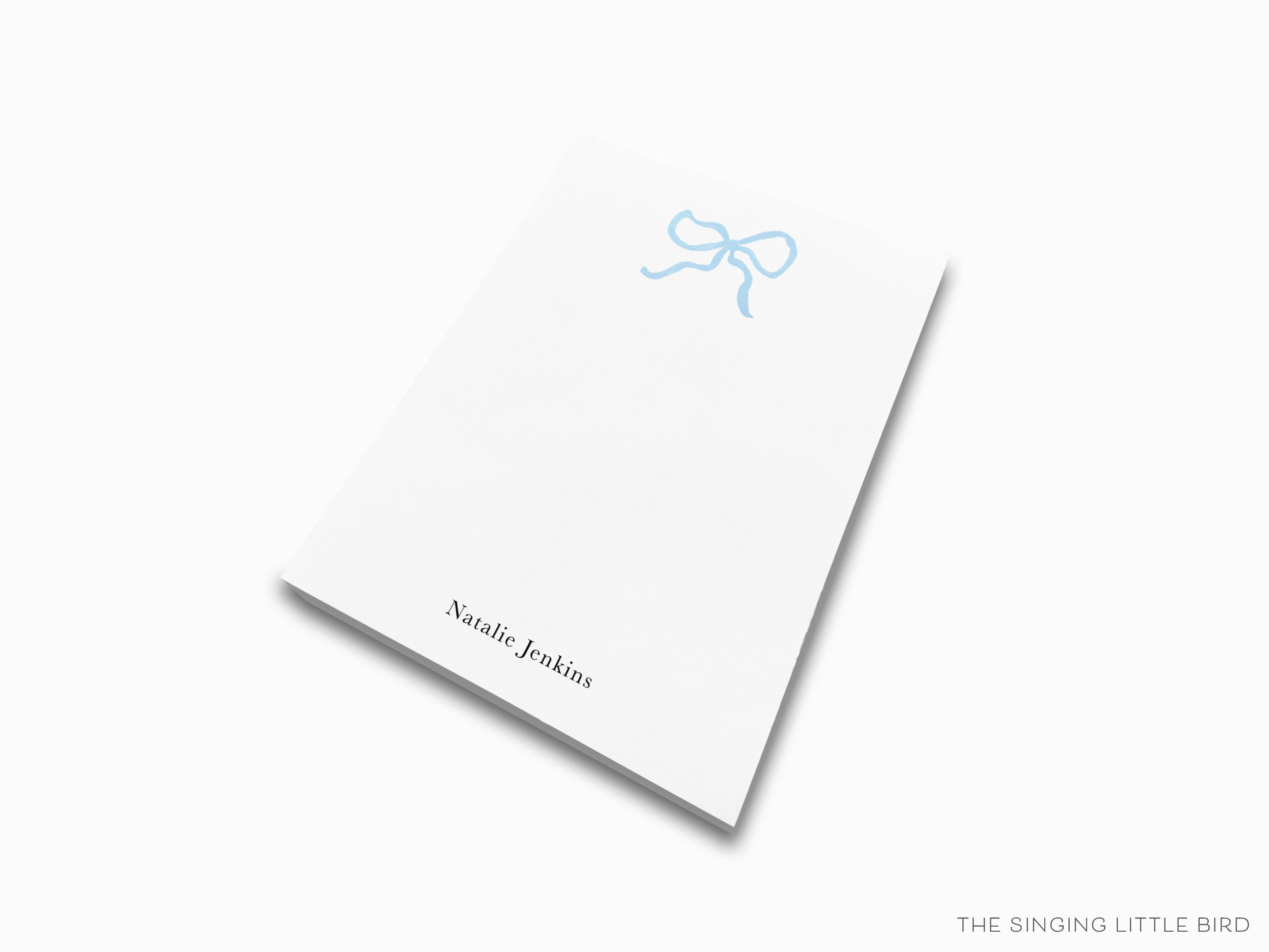 Personalized Light Blue Bow Notepad-These personalized notepads feature our hand-painted watercolor bow, printed in the USA on a beautiful smooth stock. You choose which size you want (or bundled together for a beautiful gift set) and makes a great gift for the checklist and feminine bow lover in your life.-The Singing Little Bird