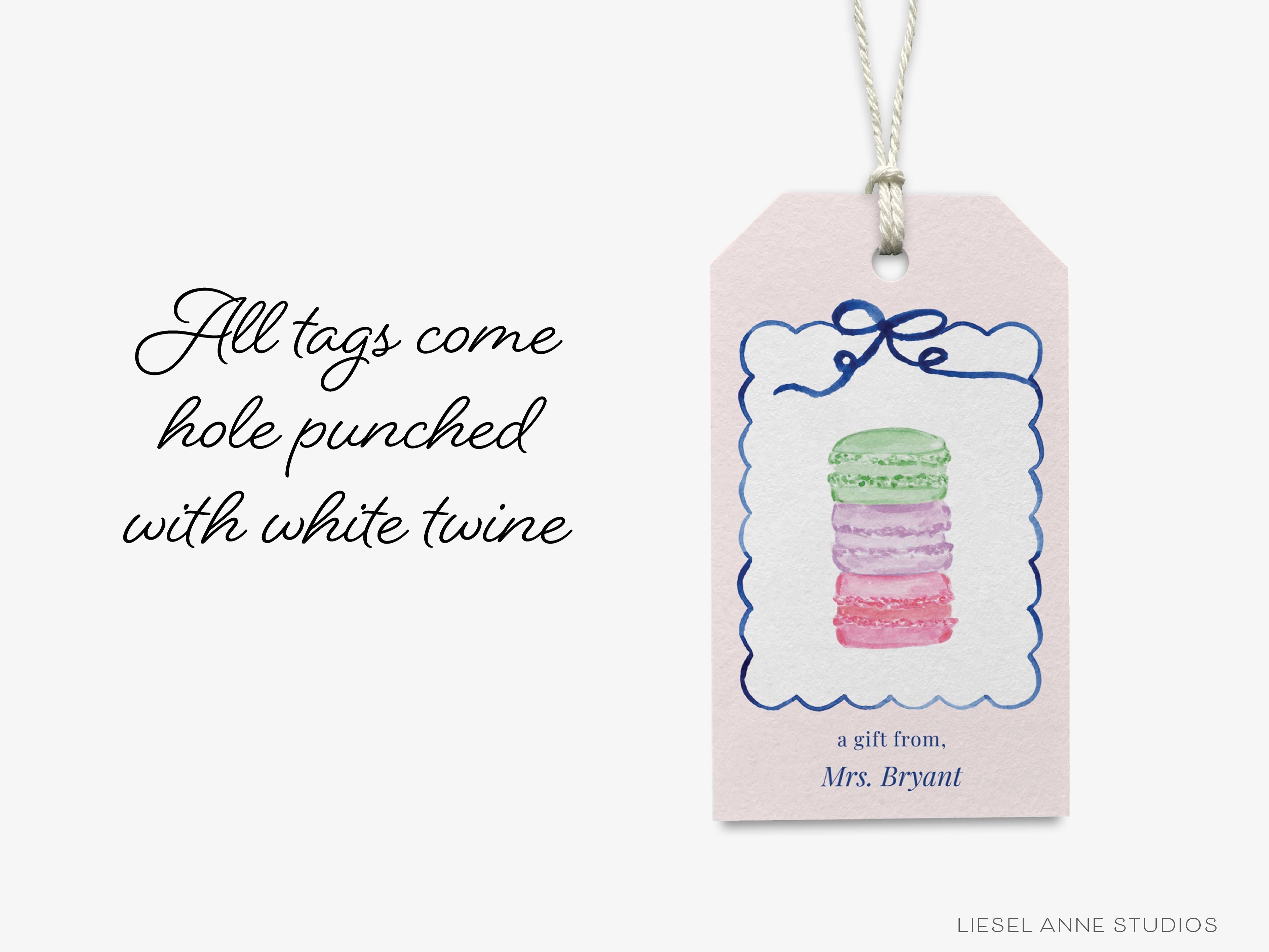 Personalized Macaron Stack Gift Tags-These gift tags come in sets, hole-punched with white twine and feature our hand-painted watercolor macarons, printed in the USA on 120lb textured stock. They make great tags for gifting or gifts for the sweet tooth lover in your life.-The Singing Little Bird