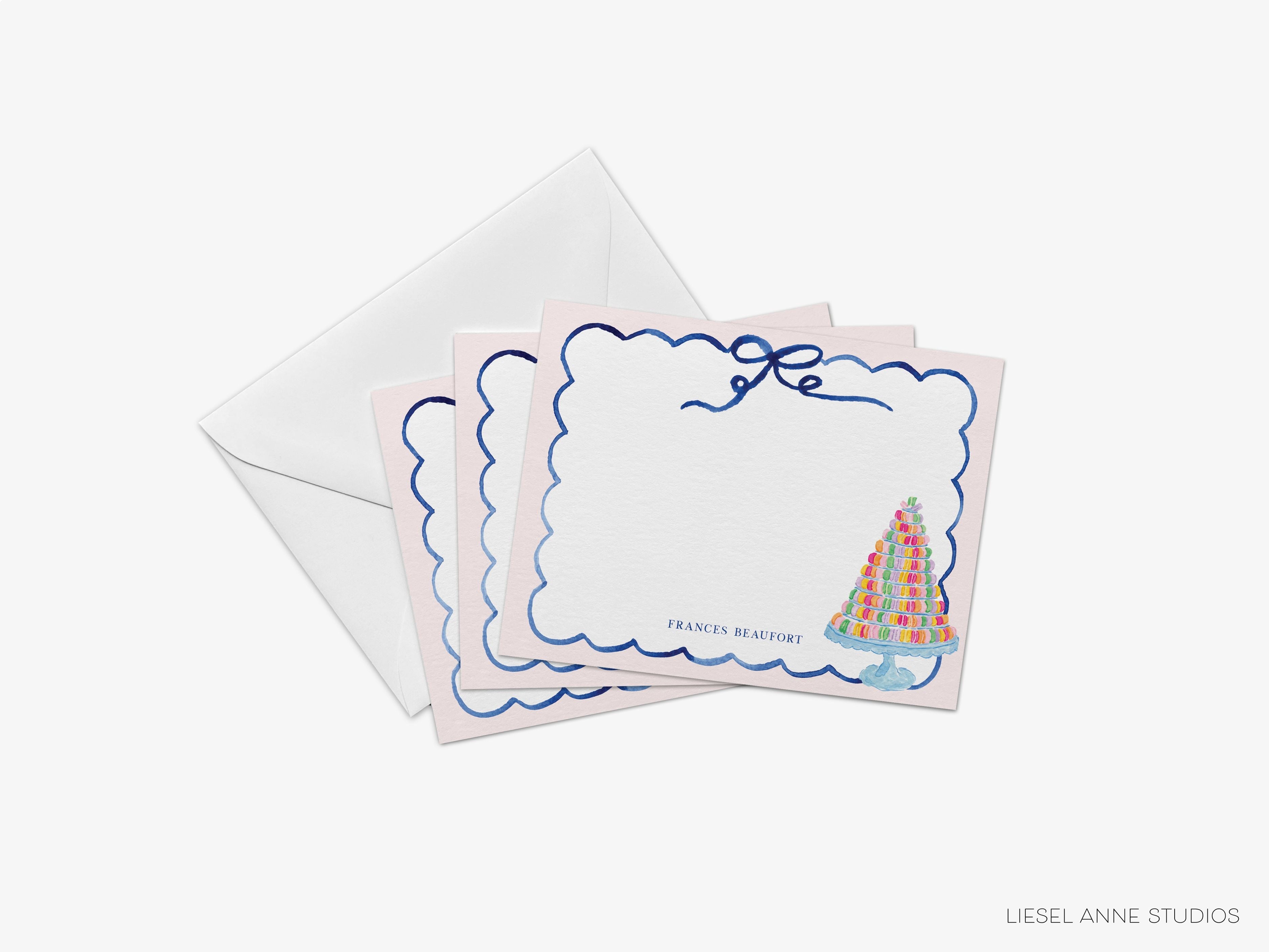 Personalized Macaron Tower Flat Notes-These personalized flat notecards are 4.25x5.5 and feature our hand-painted watercolor macarons, printed in the USA on 120lb textured stock. They come with your choice of envelopes and make great thank yous and gifts for the Parisian lover in your life.-The Singing Little Bird