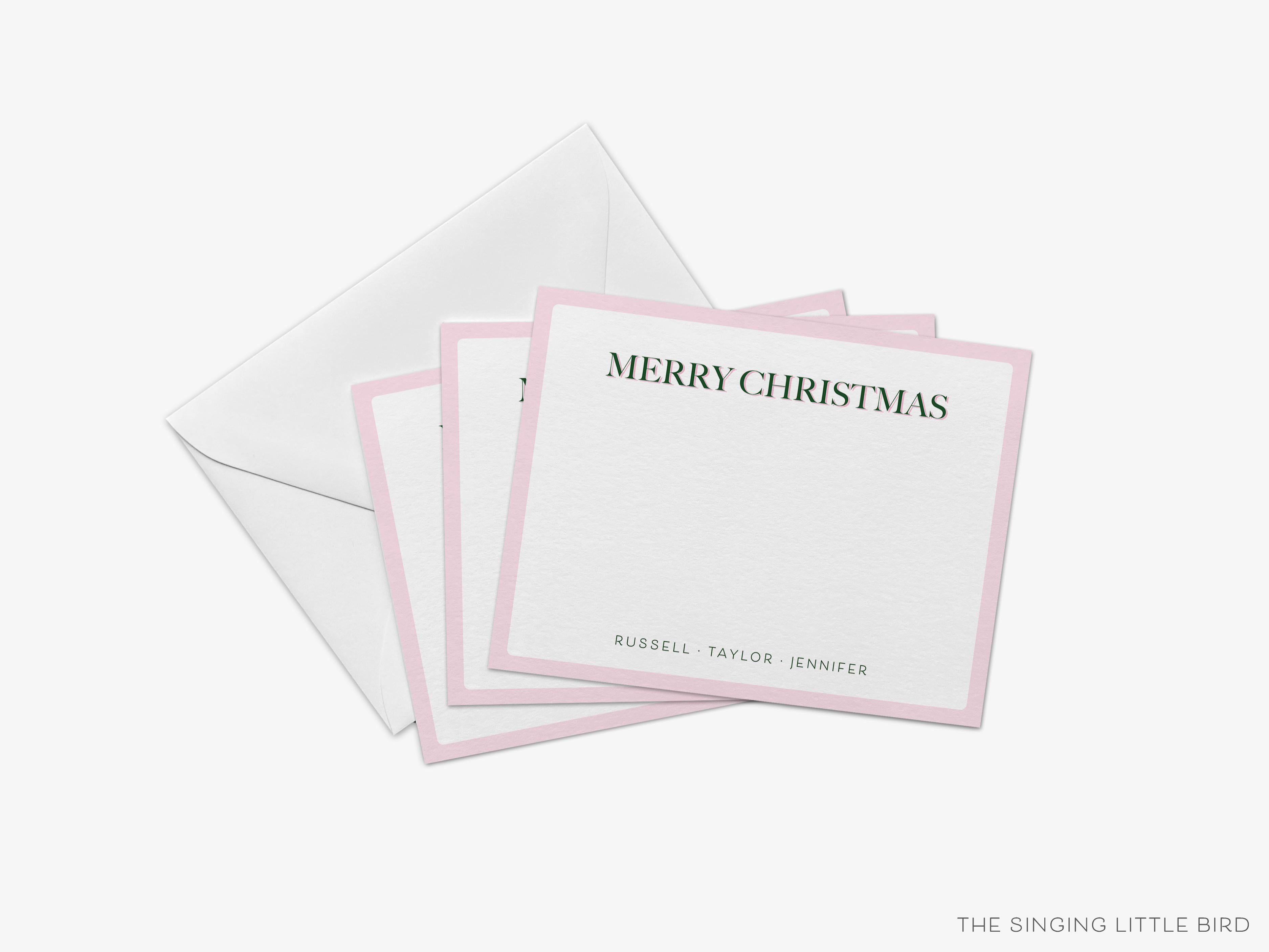 Personalized Merry Christmas Pink and Green Flat Notes-These personalized flat notecards are 4.25x5.5 and feature our hand-painted watercolor pink and green print, printed in the USA on 120lb textured stock. They come with your choice of envelopes and make great thank yous and gifts for the holiday lover in your life.-The Singing Little Bird