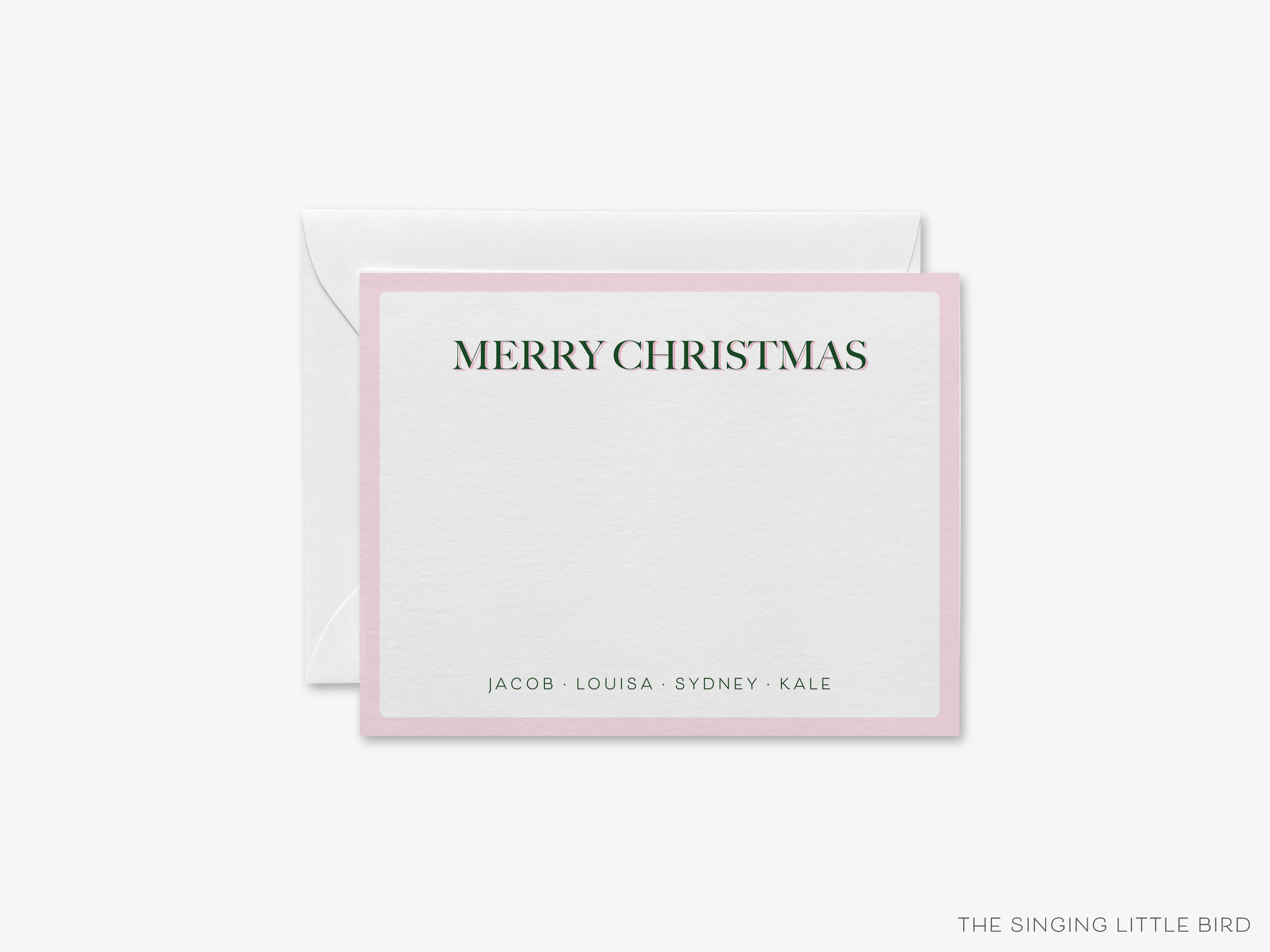 Personalized Merry Christmas Pink and Green Flat Notes-These personalized flat notecards are 4.25x5.5 and feature our hand-painted watercolor pink and green print, printed in the USA on 120lb textured stock. They come with your choice of envelopes and make great thank yous and gifts for the holiday lover in your life.-The Singing Little Bird