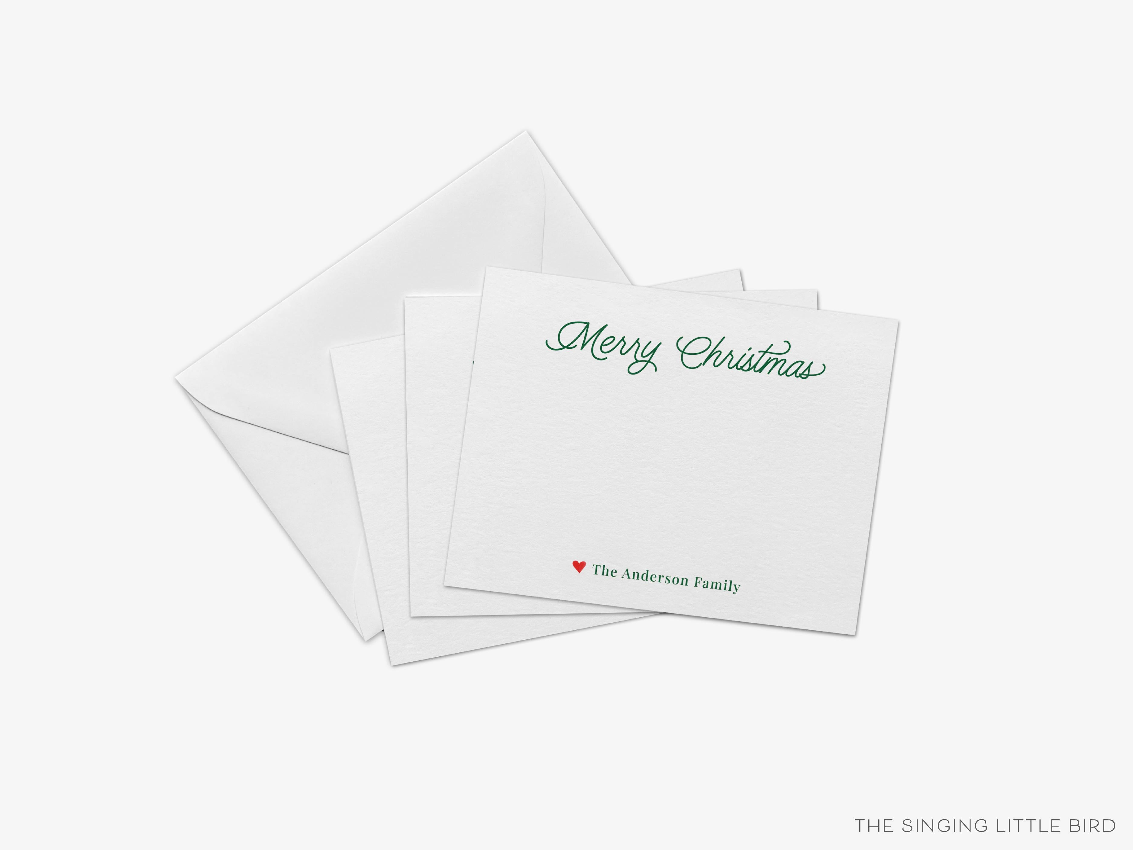 Personalized Merry Christmas Script Flat Notes-These personalized flat notecards are 4.25x5.5 and feature our hand-painted watercolor script print and heart, printed in the USA on 120lb textured stock. They come with your choice of envelopes and make great thank yous and gifts for the holiday lover in your life.-The Singing Little Bird