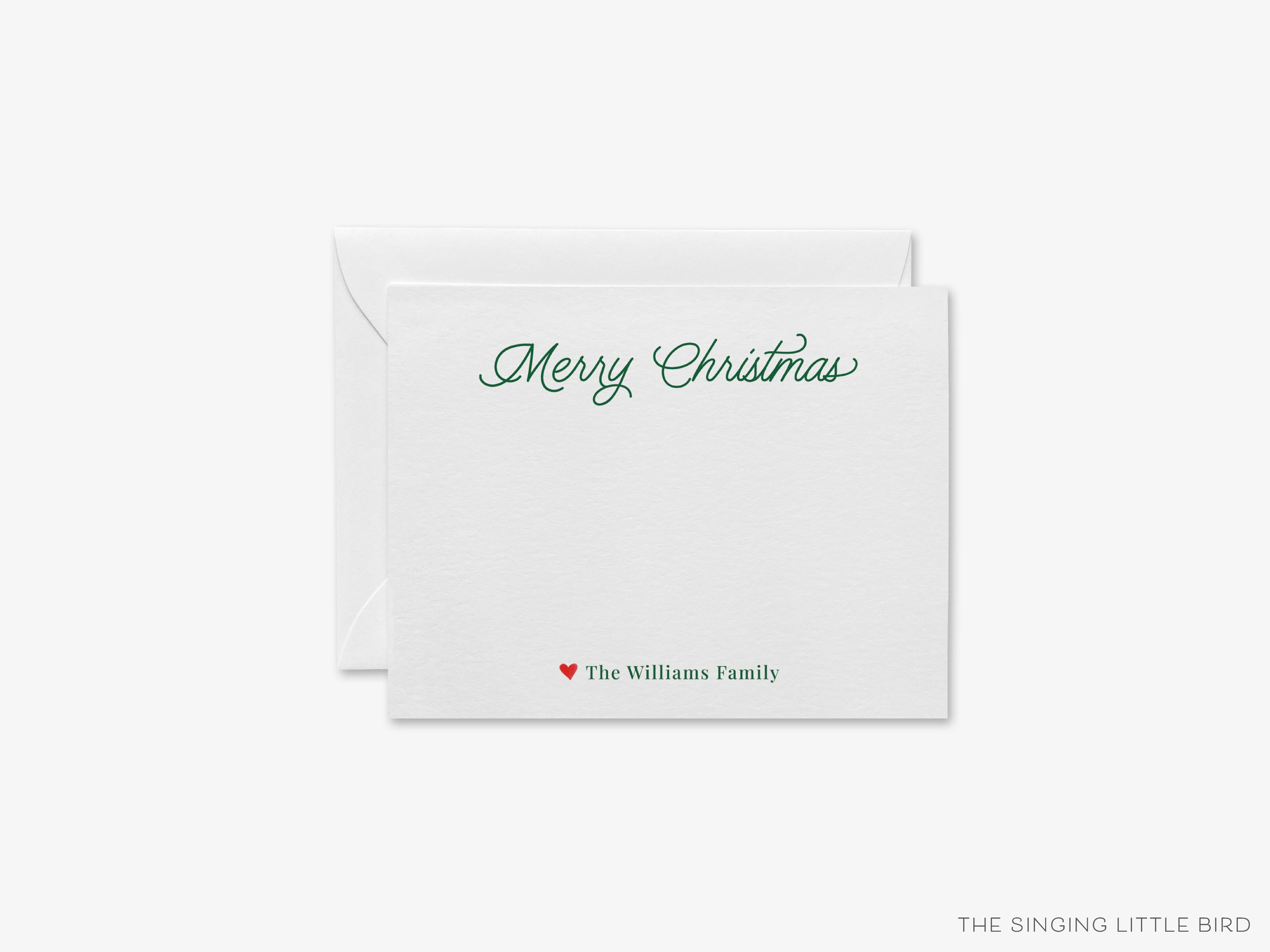 Personalized Merry Christmas Script Flat Notes-These personalized flat notecards are 4.25x5.5 and feature our hand-painted watercolor script print and heart, printed in the USA on 120lb textured stock. They come with your choice of envelopes and make great thank yous and gifts for the holiday lover in your life.-The Singing Little Bird