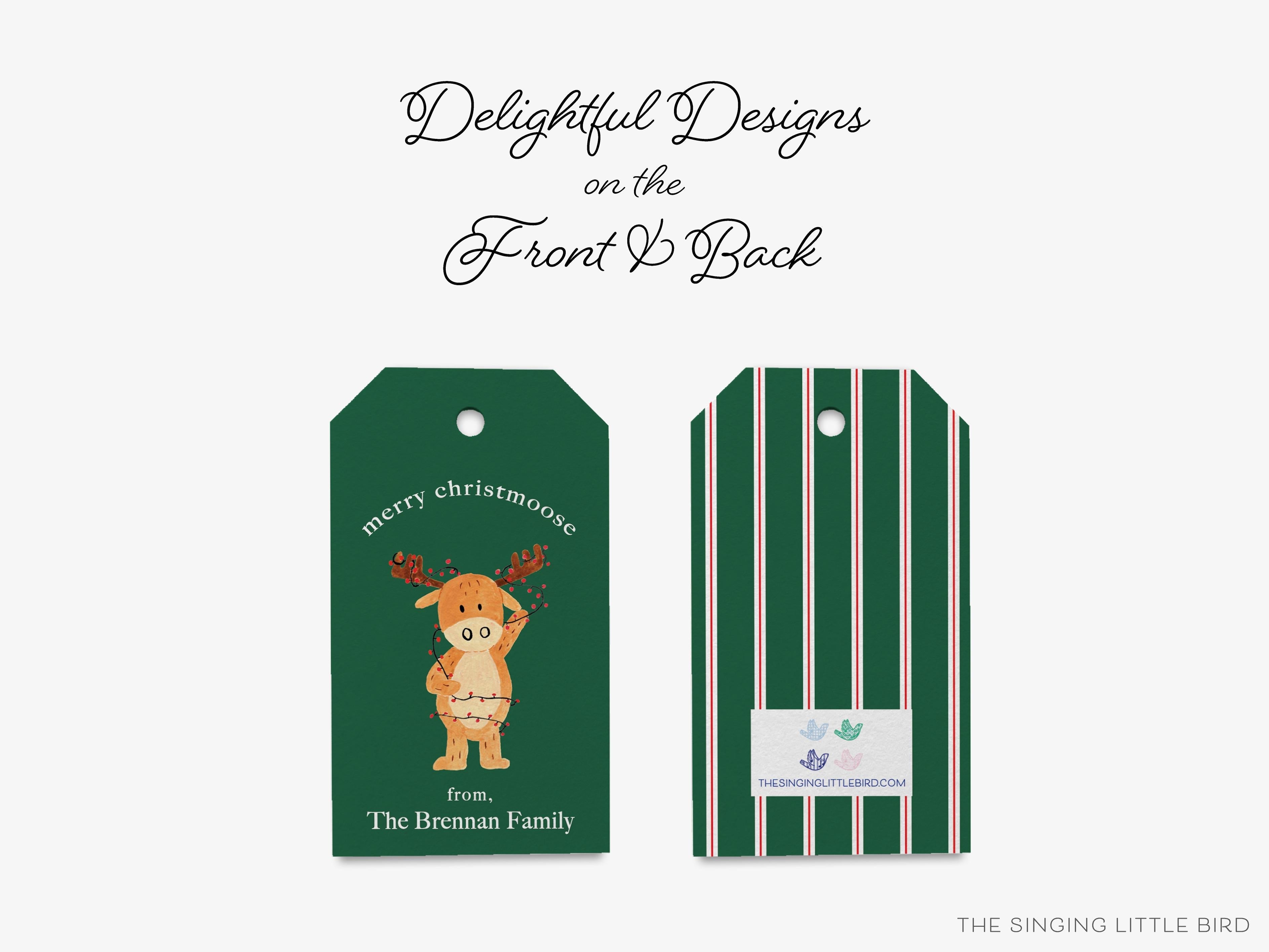 Personalized Merry Christmoose Pun Christmas Gift Tags-These gift tags come in sets, hole-punched with white twine and feature our hand-painted watercolor moose and Christmas lights, printed in the USA on 120lb textured stock. They make great tags for gifting or gifts for the holiday lover in your life.-The Singing Little Bird