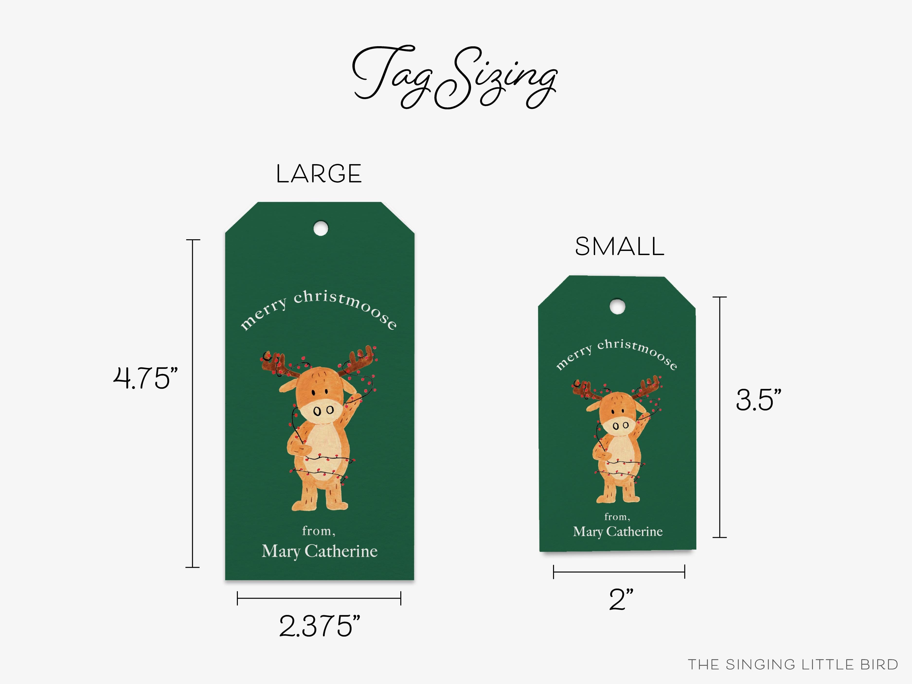 Personalized Merry Christmoose Pun Christmas Gift Tags-These gift tags come in sets, hole-punched with white twine and feature our hand-painted watercolor moose and Christmas lights, printed in the USA on 120lb textured stock. They make great tags for gifting or gifts for the holiday lover in your life.-The Singing Little Bird