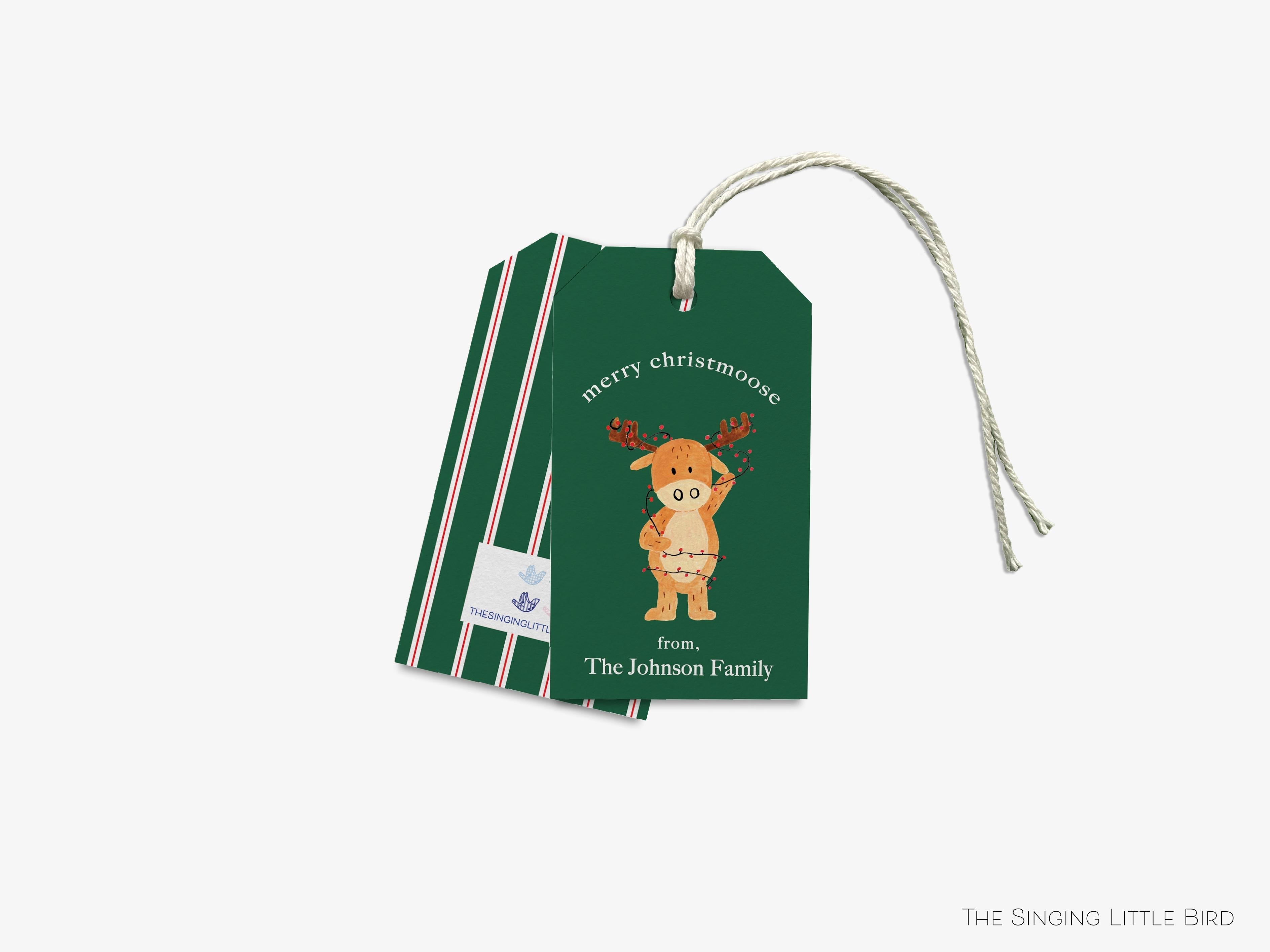Personalized Merry Christmoose Pun Christmas Gift Tags-These gift tags come in sets, hole-punched with white twine and feature our hand-painted watercolor moose and Christmas lights, printed in the USA on 120lb textured stock. They make great tags for gifting or gifts for the holiday lover in your life.-The Singing Little Bird