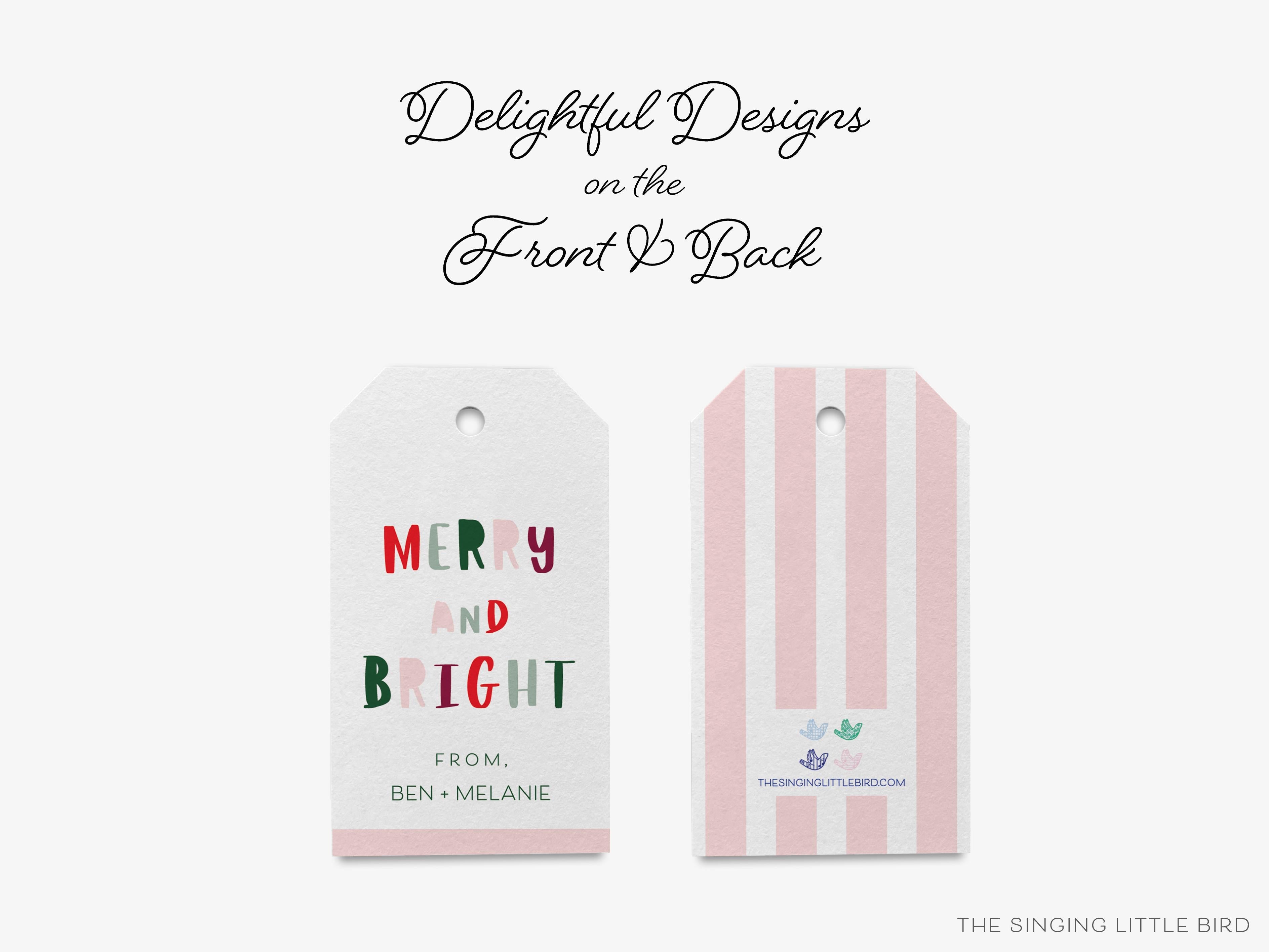 Personalized Merry and Bright Christmas Gift Tags-These gift tags come in sets, hole-punched with white twine and feature our hand-painted watercolor bold print, printed in the USA on 120lb textured stock. They make great tags for gifting or gifts for the holiday lover in your life.-The Singing Little Bird