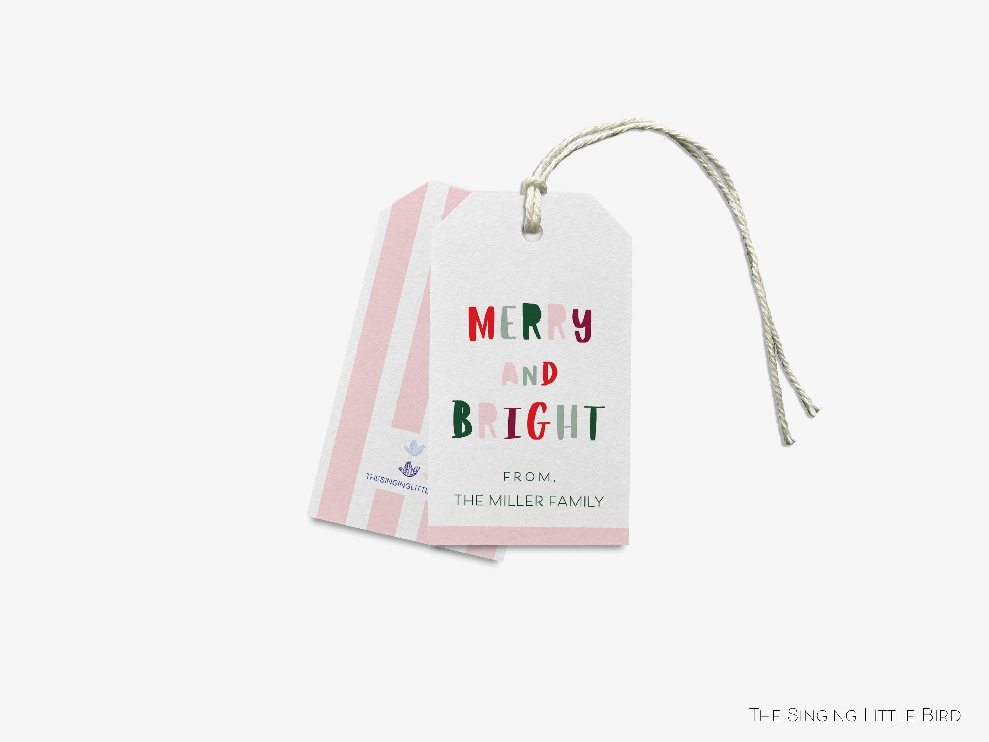 Personalized Merry and Bright Christmas Gift Tags-These gift tags come in sets, hole-punched with white twine and feature our hand-painted watercolor bold print, printed in the USA on 120lb textured stock. They make great tags for gifting or gifts for the holiday lover in your life.-The Singing Little Bird