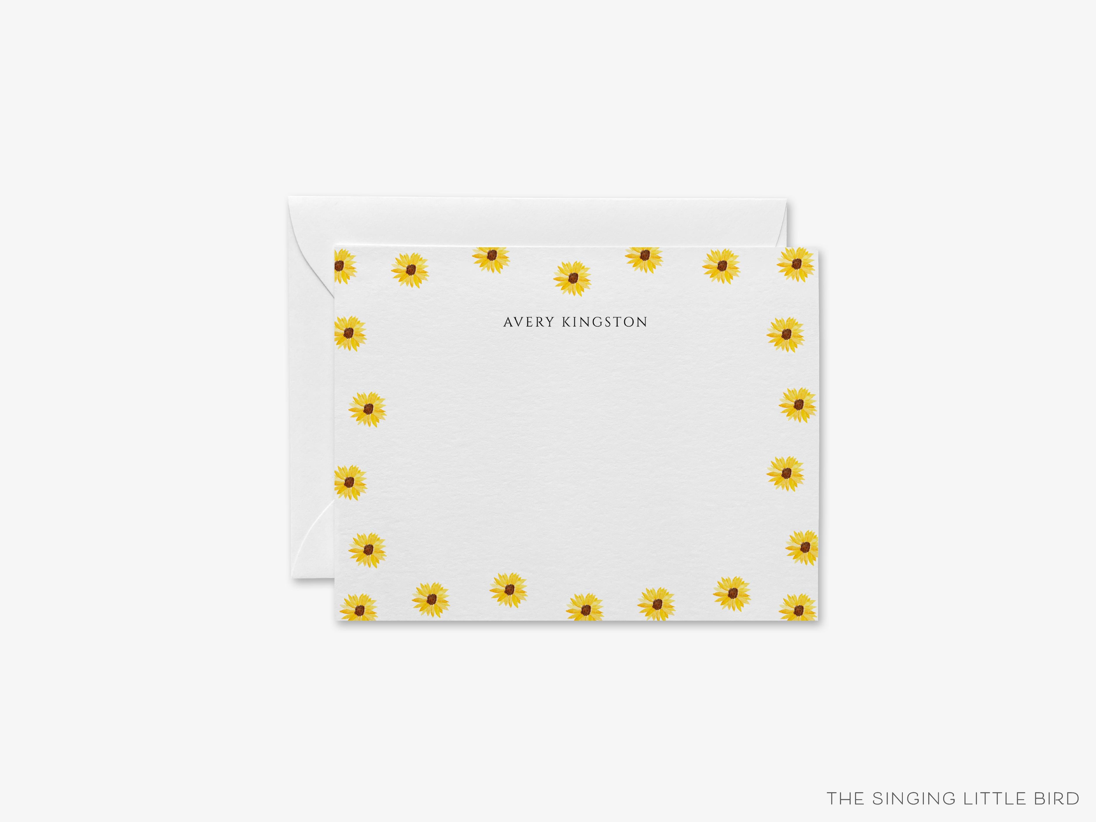 Personalized Mini Sunflower Flat Notes-These personalized flat notecards are 4.25x5.5 and feature our hand-painted watercolor sunflowers, printed in the USA on 120lb textured stock. They come with your choice of envelopes and make great thank yous and gifts for the floral lover in your life.-The Singing Little Bird