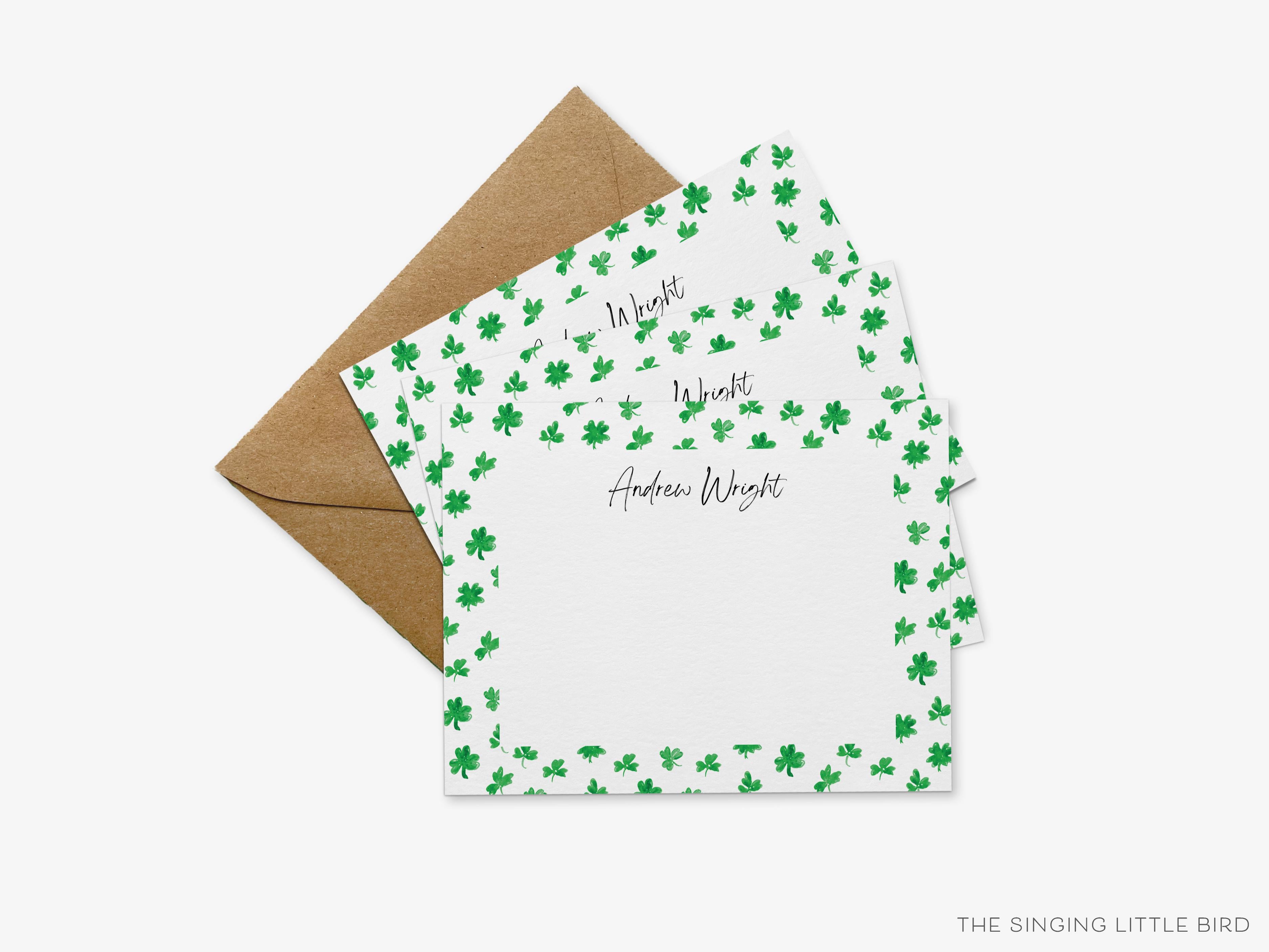 Personalized Multi-Shamrock Flat Notes-These personalized flat notecards are 4.25x5.5 and feature our hand-painted watercolor three and four leaf clovers, printed in the USA on 120lb textured stock. They come with your choice of envelopes and make great thank yous and gifts for the shamrock lover in your life.-The Singing Little Bird