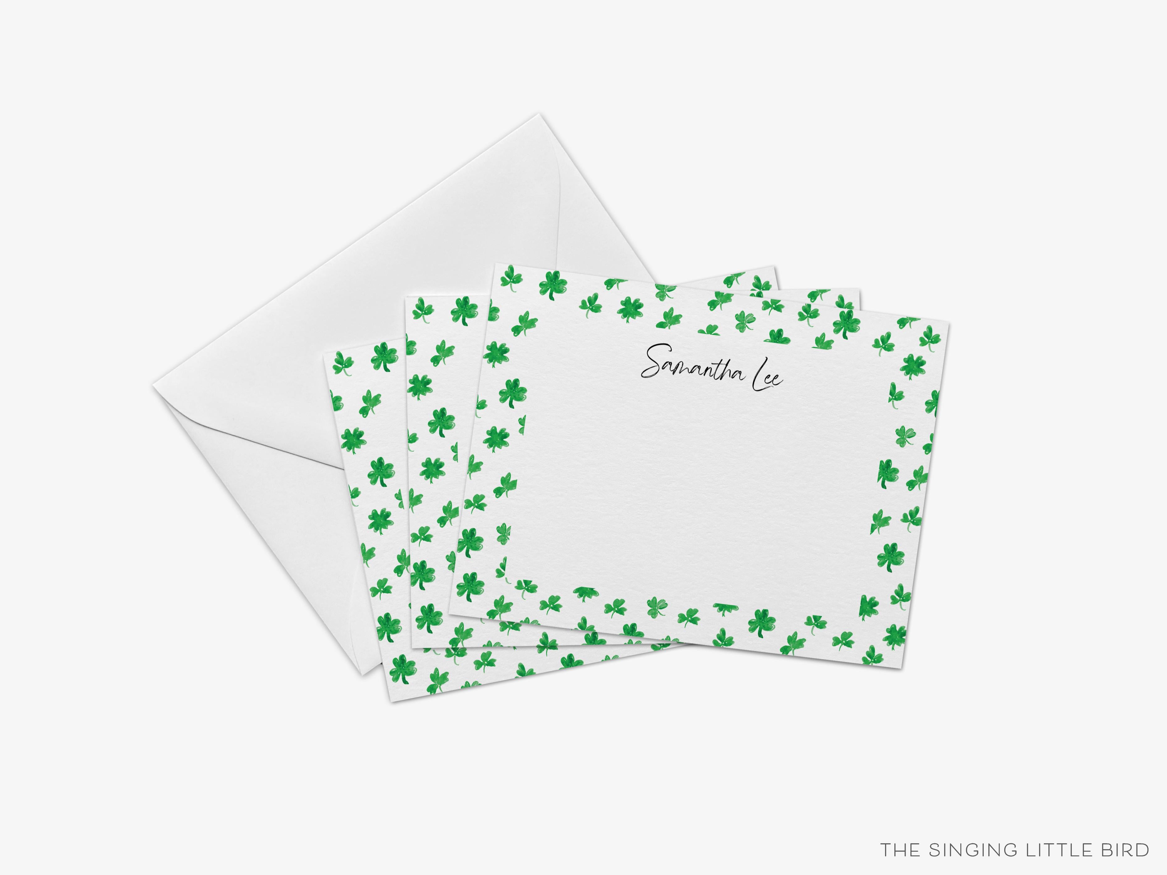 Personalized Multi-Shamrock Flat Notes-These personalized flat notecards are 4.25x5.5 and feature our hand-painted watercolor three and four leaf clovers, printed in the USA on 120lb textured stock. They come with your choice of envelopes and make great thank yous and gifts for the shamrock lover in your life.-The Singing Little Bird