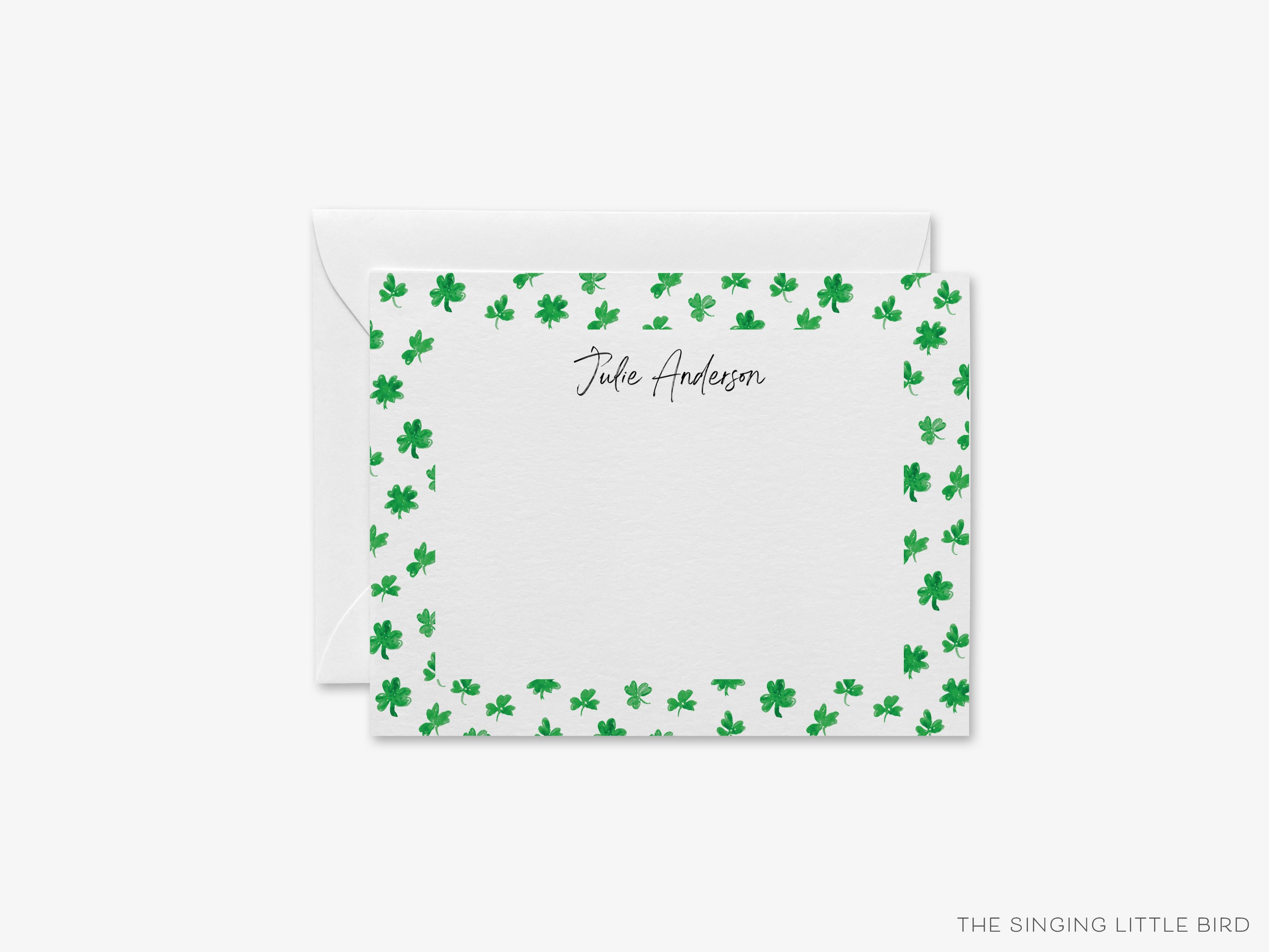 Personalized Multi-Shamrock Flat Notes-These personalized flat notecards are 4.25x5.5 and feature our hand-painted watercolor three and four leaf clovers, printed in the USA on 120lb textured stock. They come with your choice of envelopes and make great thank yous and gifts for the shamrock lover in your life.-The Singing Little Bird