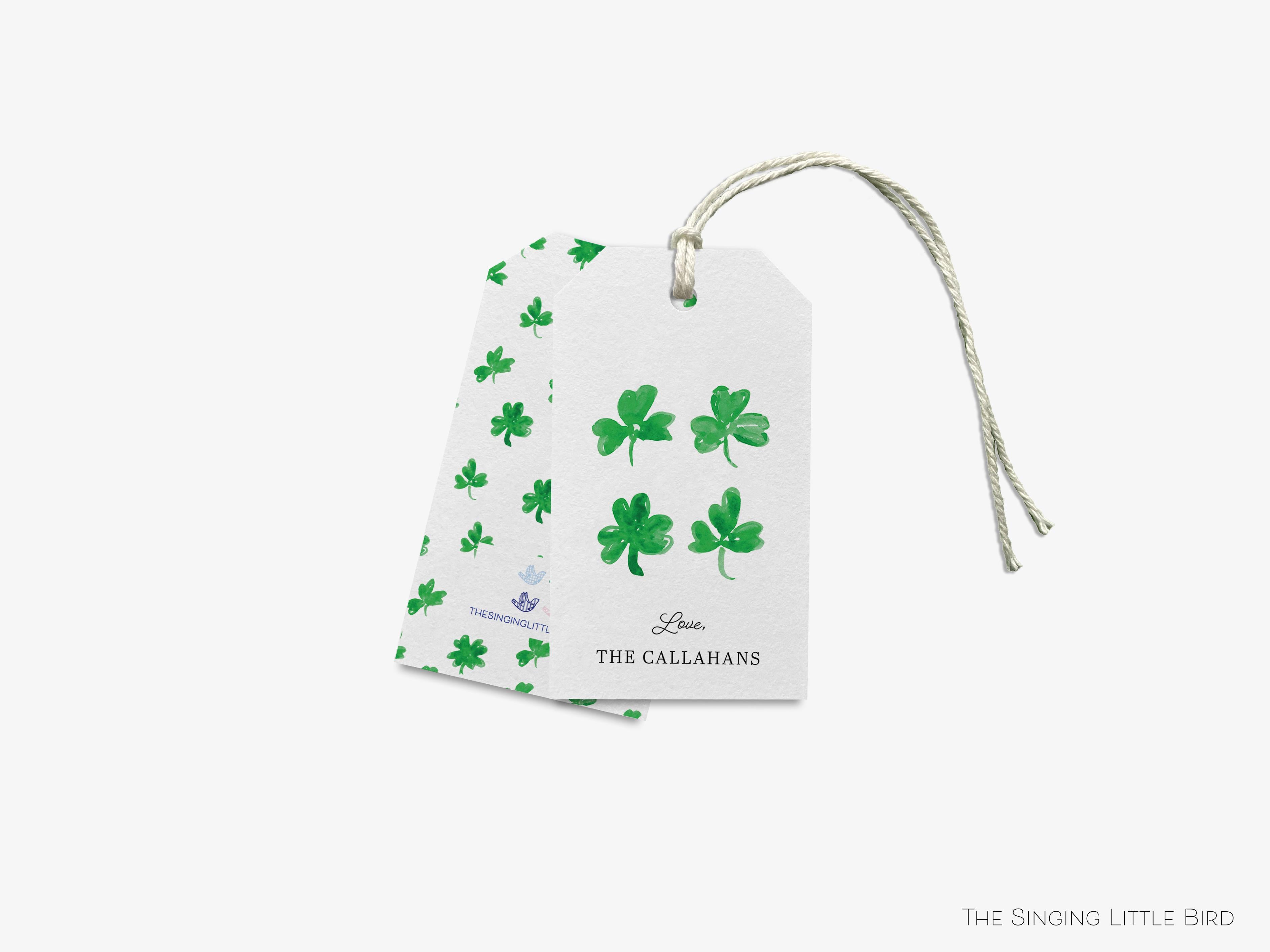 Personalized Multi Shamrock Gift Tags-These gift tags come in sets, hole-punched with white twine and feature our hand-painted watercolor three leaf clovers, printed in the USA on 120lb textured stock. They make great tags for gifting or gifts for the shamrock lover in your life.-The Singing Little Bird