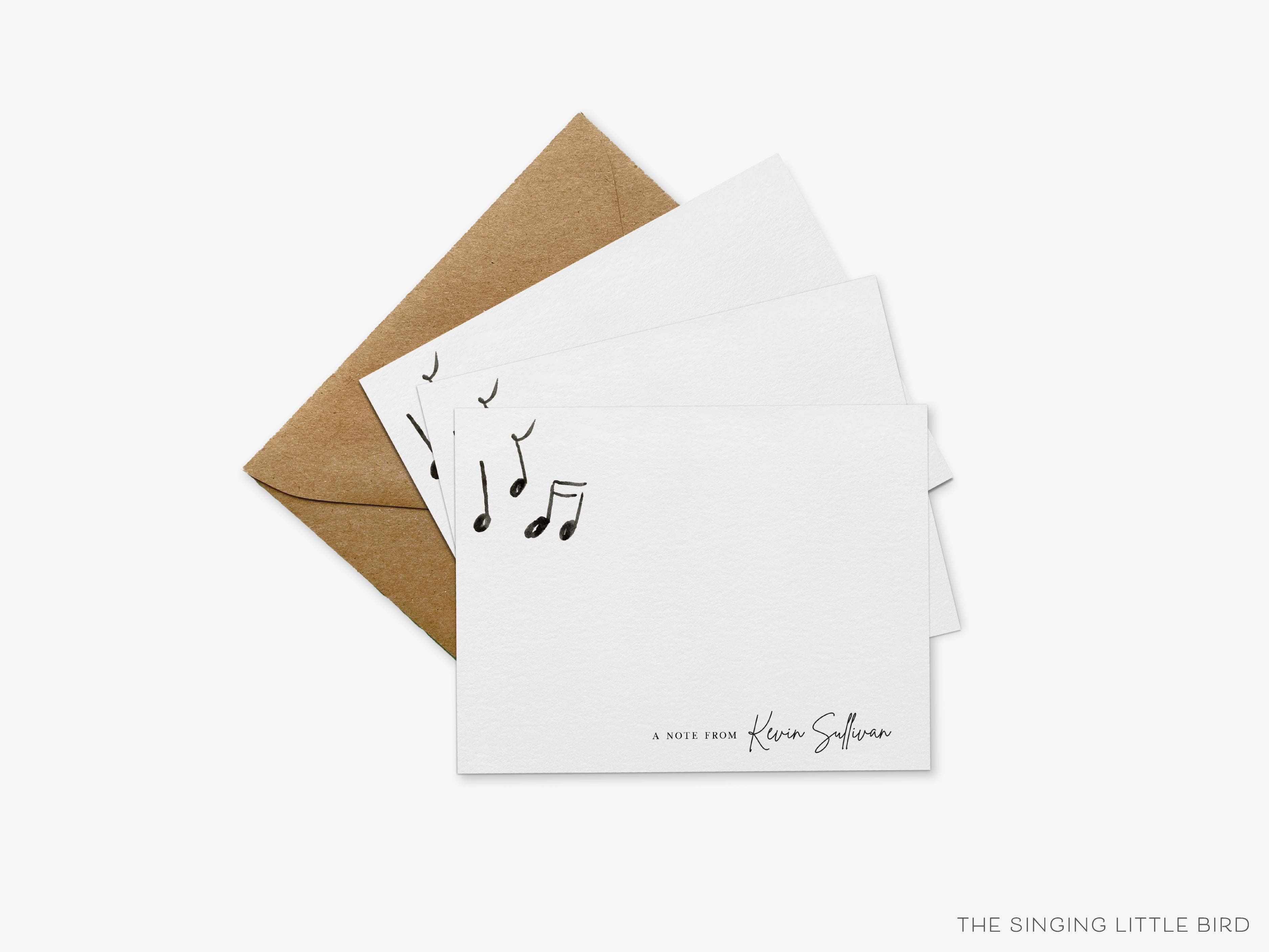 Personalized Music Lover Flat Notes-These personalized flat notecards are 4.25x5.5 and feature our hand-painted watercolor music notes, printed in the USA on 120lb textured stock. They come with your choice of envelopes and make great thank yous and gifts for the music lover in your life.-The Singing Little Bird