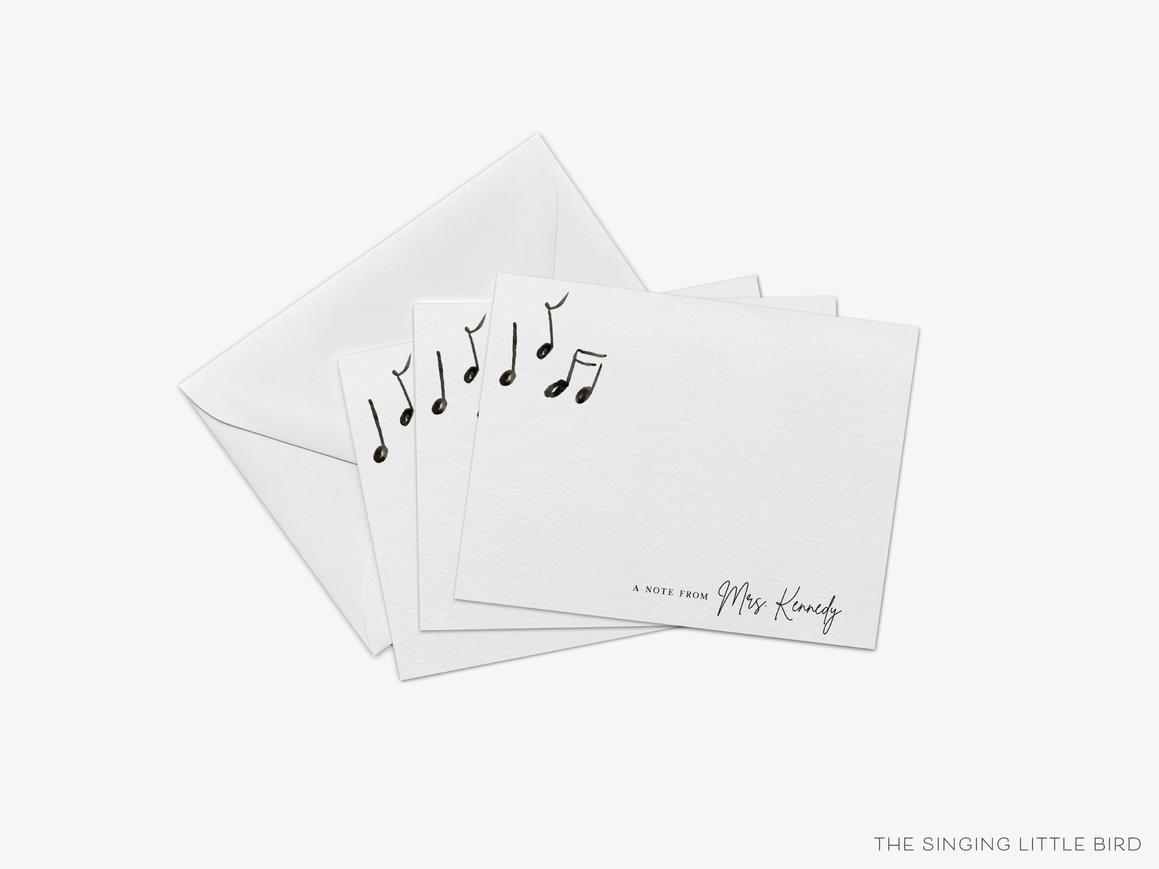 Personalized Music Lover Flat Notes-These personalized flat notecards are 4.25x5.5 and feature our hand-painted watercolor music notes, printed in the USA on 120lb textured stock. They come with your choice of envelopes and make great thank yous and gifts for the music lover in your life.-The Singing Little Bird