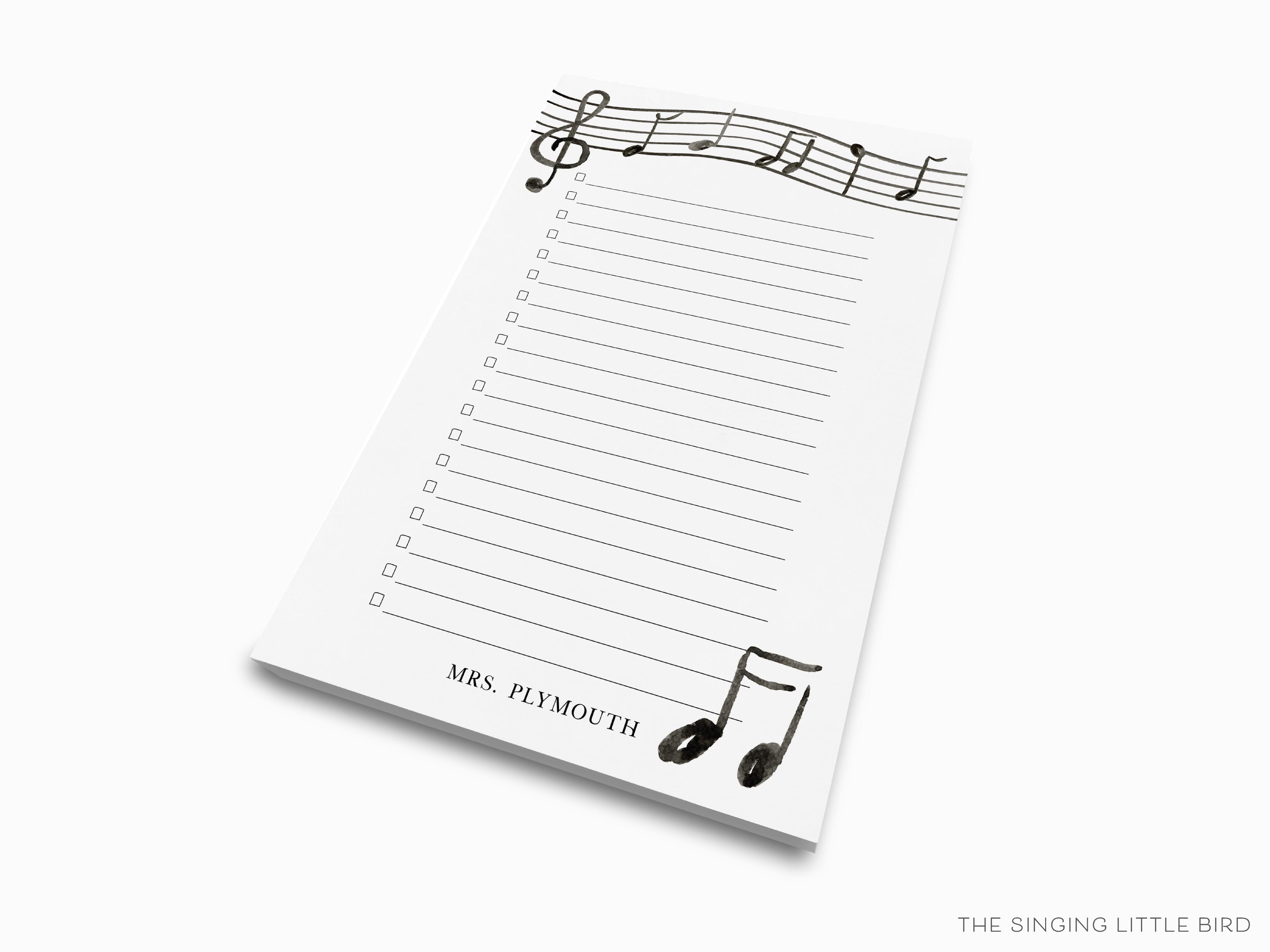 Personalized Music Lovers Notepad-These personalized notepads feature our hand-painted watercolor music notes, printed in the USA on a beautiful smooth stock. You choose which size you want (or bundled together for a beautiful gift set) and makes a great gift for the checklist and music lover in your life.-The Singing Little Bird