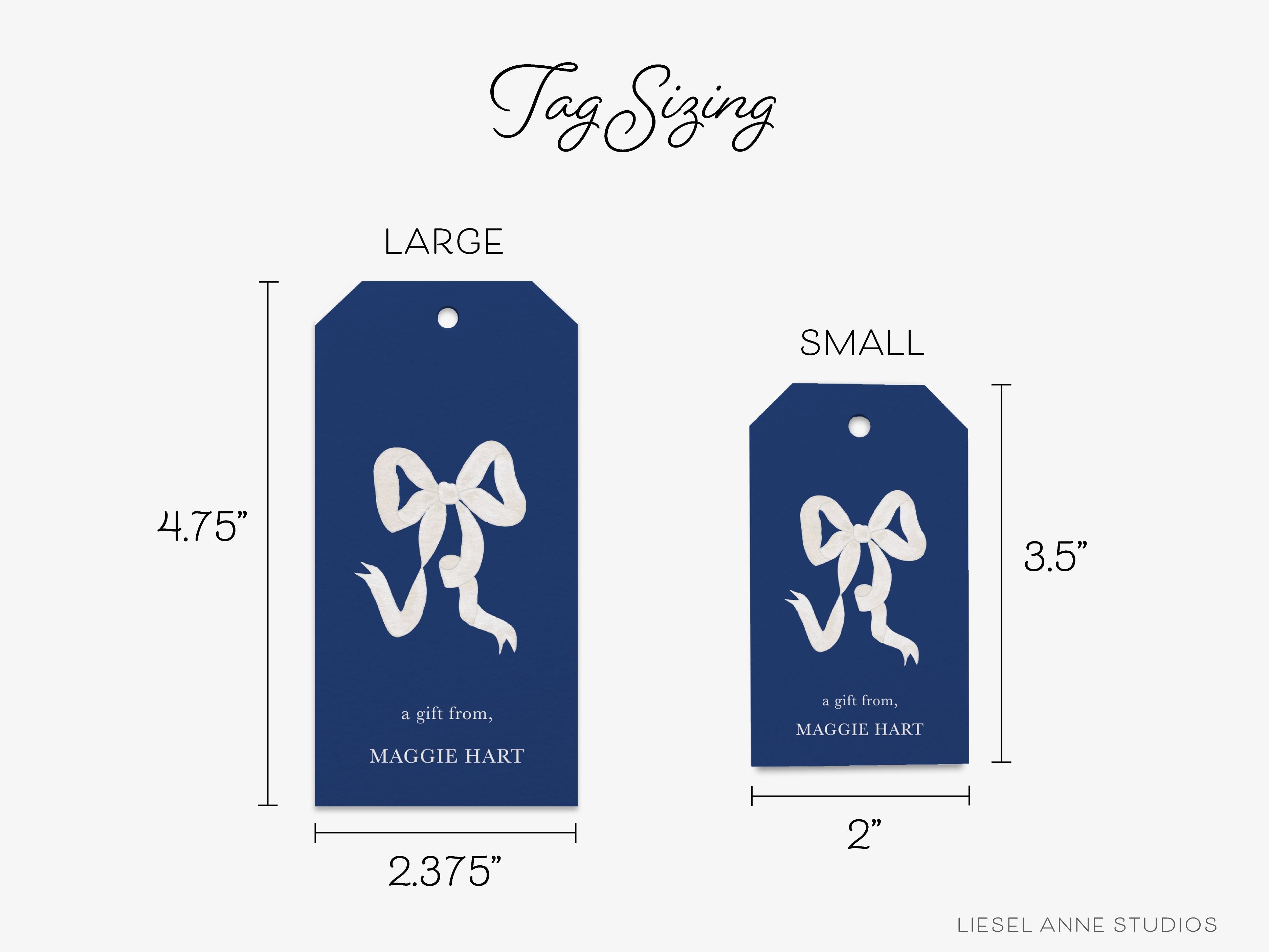Personalized Navy Blue and White Bow Gift Tags-These gift tags come in sets, hole-punched with white twine and feature our hand-painted watercolor white bows with a navy blue background, printed in the USA on 120lb textured stock. They make great tags for gifting or gifts for the bow lover in your life.-The Singing Little Bird