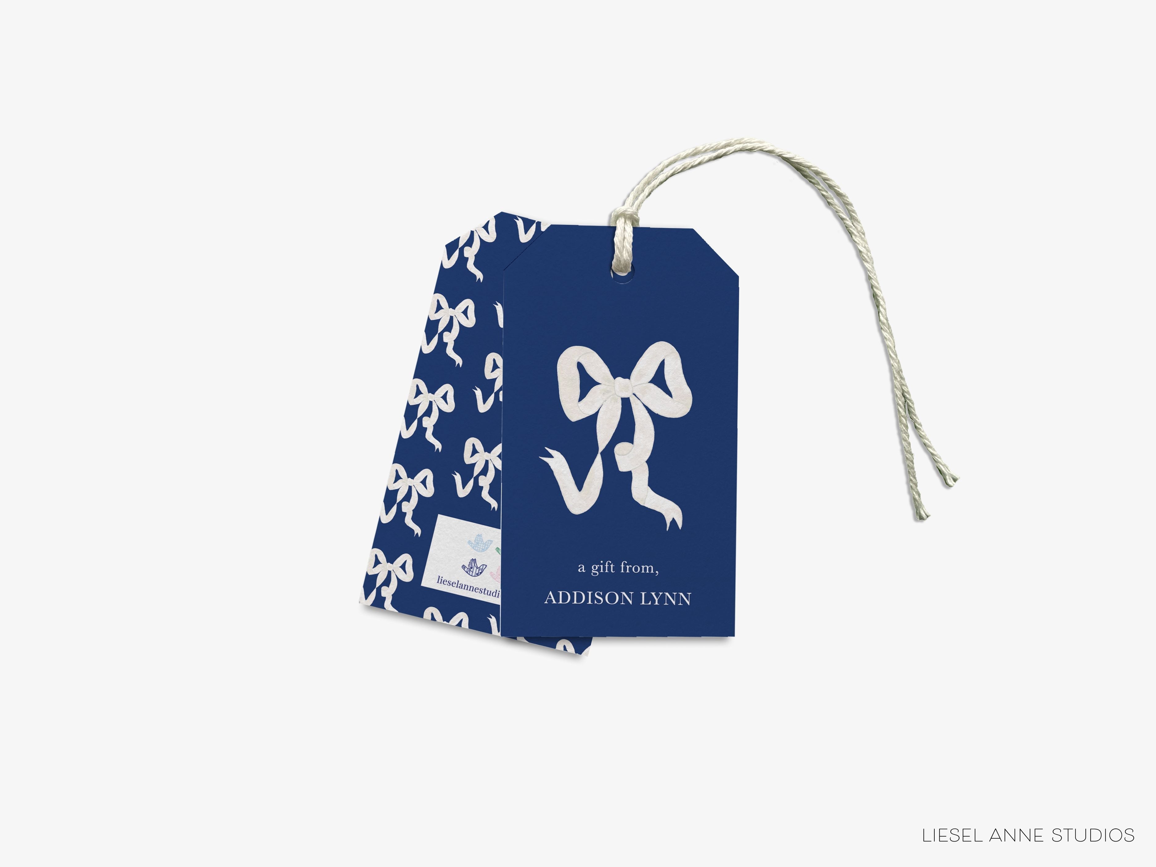 Personalized Navy Blue and White Bow Gift Tags-These gift tags come in sets, hole-punched with white twine and feature our hand-painted watercolor white bows with a navy blue background, printed in the USA on 120lb textured stock. They make great tags for gifting or gifts for the bow lover in your life.-The Singing Little Bird