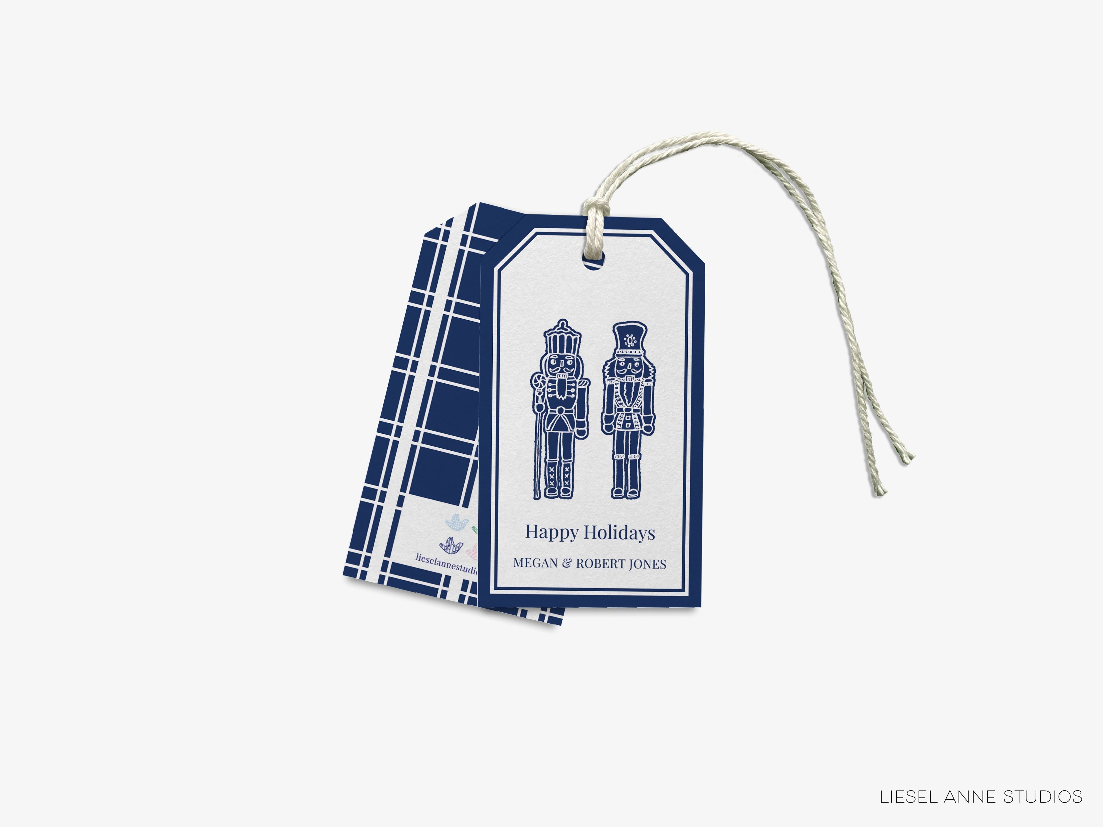 Personalized Navy Gingerbread Nutcracker Gift Tags-These gift tags come in sets, hole-punched with white twine and feature our hand-painted watercolor nutcracker, printed in the USA on 120lb textured stock. They make great tags for gifting or gifts for the holiday lover in your life.-The Singing Little Bird