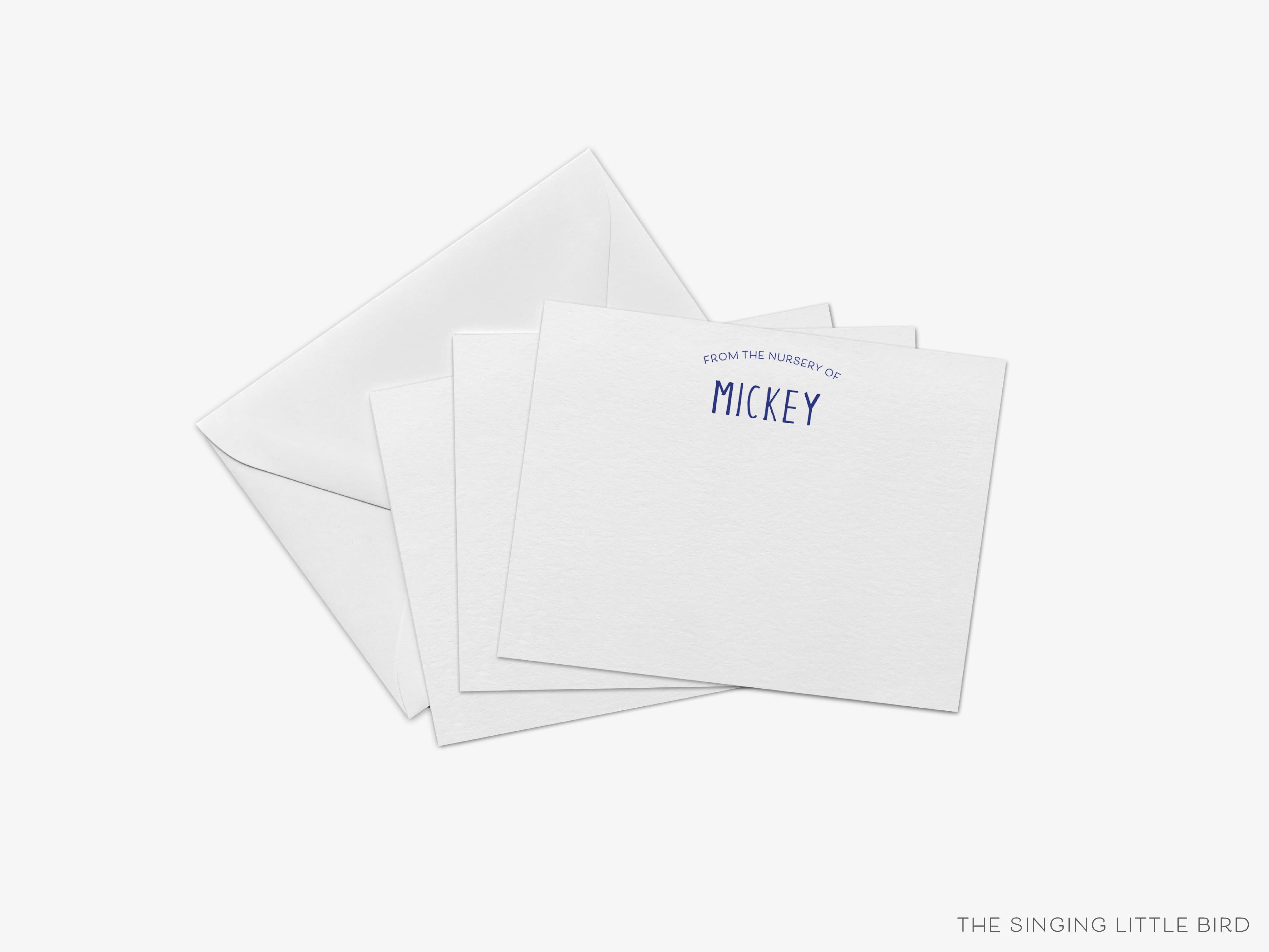 Personalized Nursery Bubble Flat Notes-These personalized flat notecards are 4.25x5.5 and feature our hand-painted watercolor filled in bubble letters, printed in the USA on 120lb textured stock. They come with your choice of envelopes and make great thank yous and gifts for the newborn in your life.-The Singing Little Bird