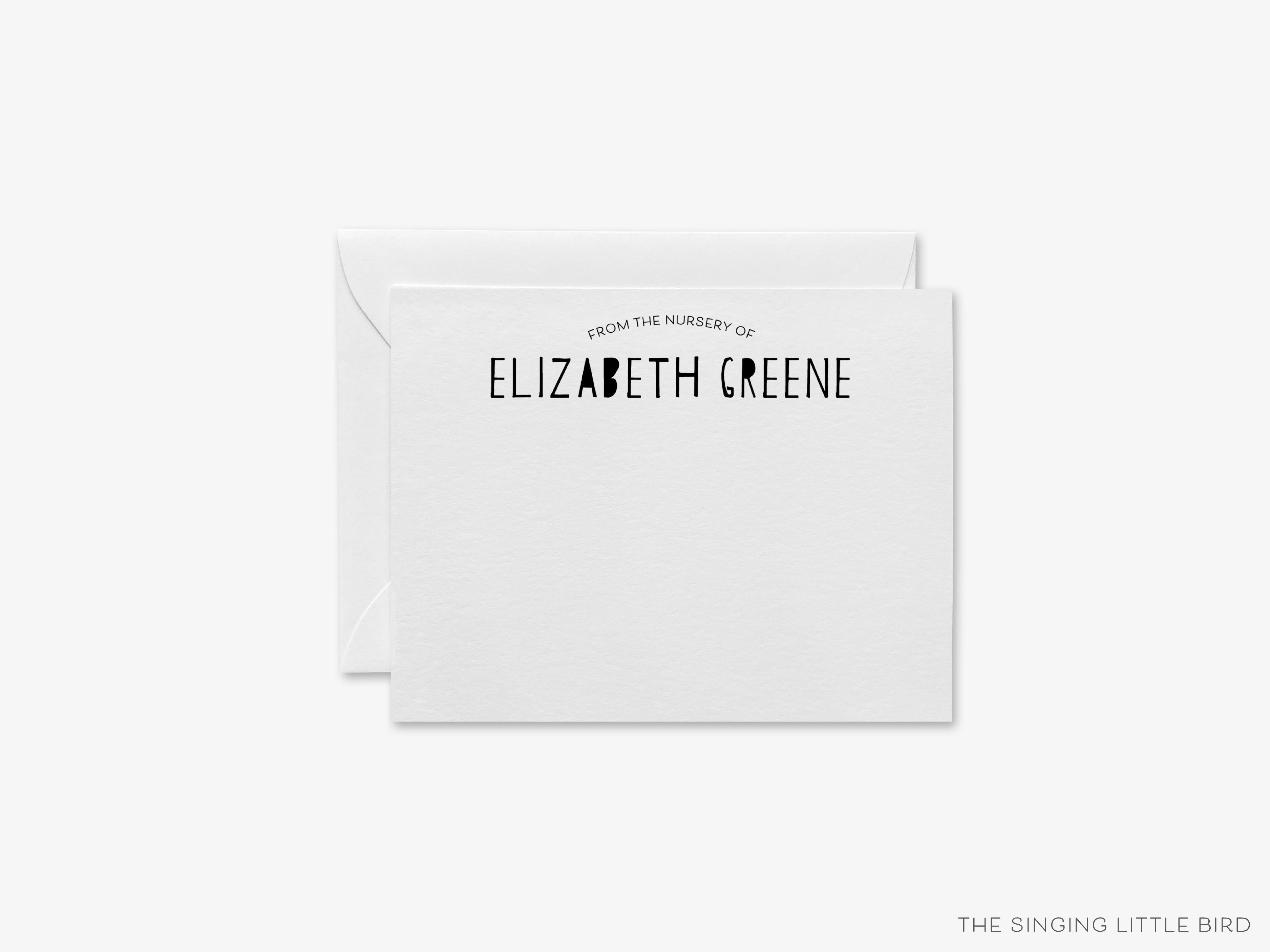 Personalized Nursery Bubble Flat Notes-These personalized flat notecards are 4.25x5.5 and feature our hand-painted watercolor filled in bubble letters, printed in the USA on 120lb textured stock. They come with your choice of envelopes and make great thank yous and gifts for the newborn in your life.-The Singing Little Bird