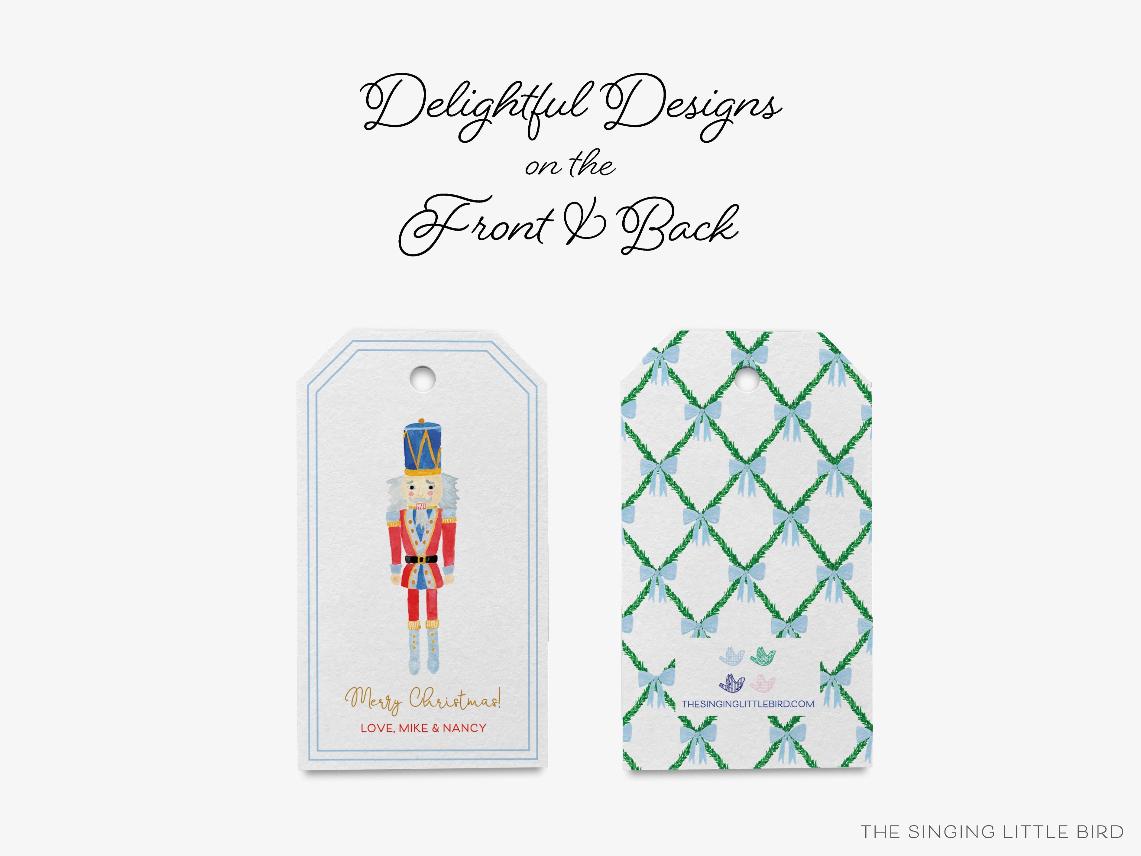 Personalized Nutcracker Gift Tags-These gift tags come in sets, hole-punched with white twine and feature our hand-painted watercolor nutcracker, printed in the USA on 120lb textured stock. They make great tags for gifting or gifts for the holiday lover in your life.-The Singing Little Bird