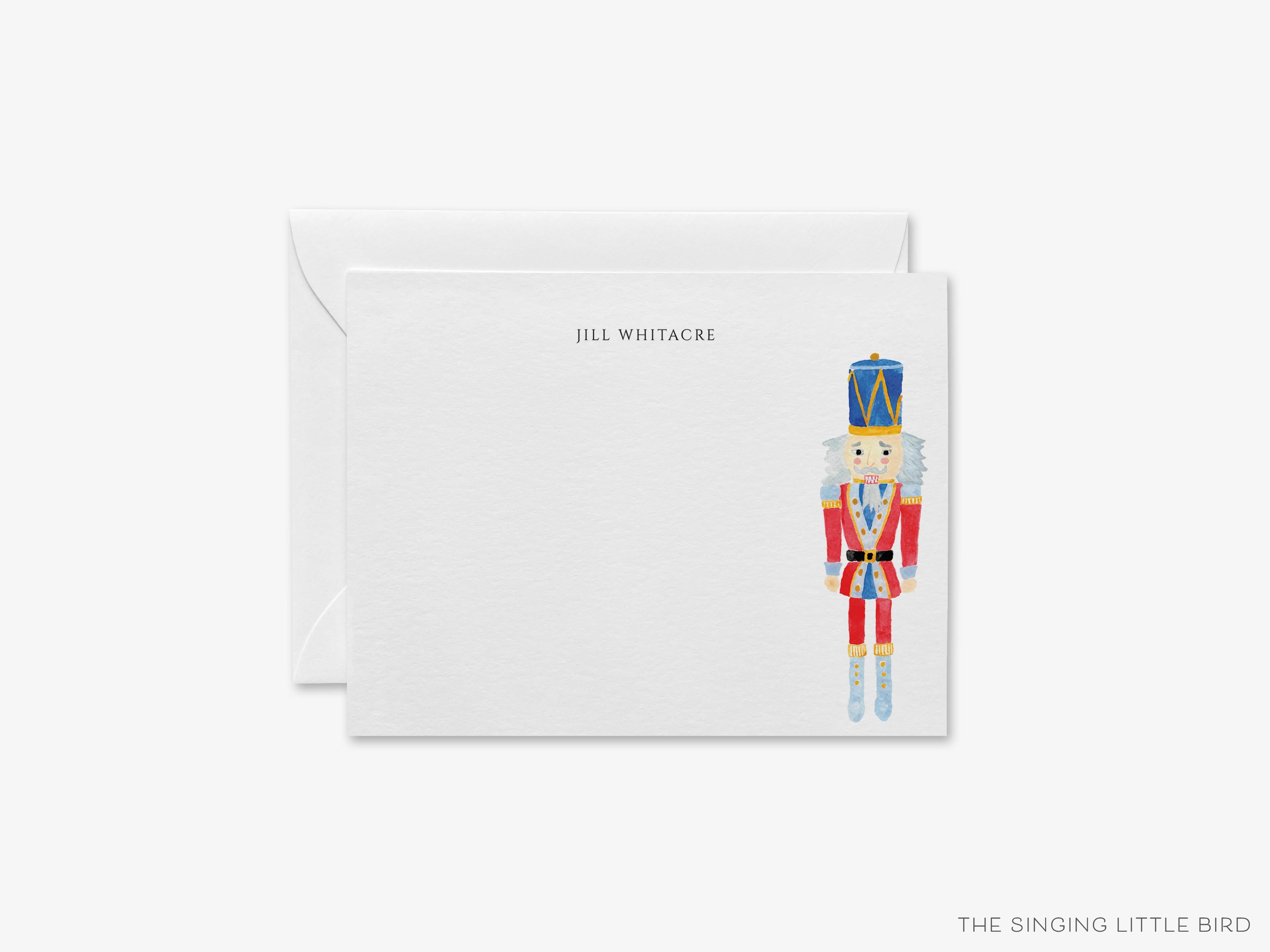 Personalized Nutcracker Holiday Flat Notes-These personalized flat notecards are 4.25x5.5 and feature our hand-painted watercolor nutcracker, printed in the USA on 120lb textured stock. They come with your choice of envelopes and make great thank yous and gifts for the holiday lover in your life.-The Singing Little Bird
