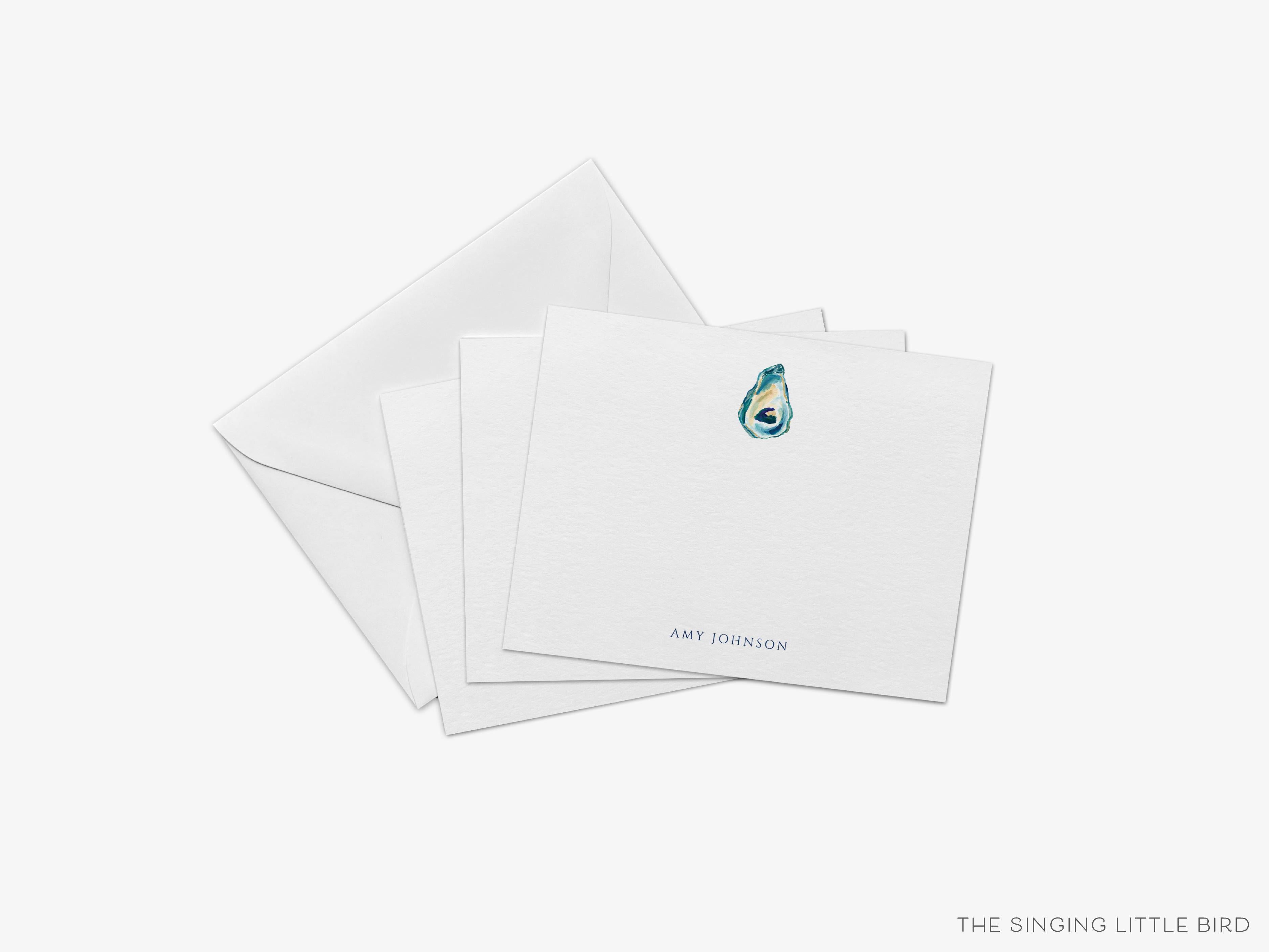 Personalized Oyster Flat Notes-These personalized flat notecards are 4.25x5.5 and feature our hand-painted watercolor oyster, printed in the USA on 120lb textured stock. They come with your choice of envelopes and make great thank yous and gifts for the beach lover in your life.-The Singing Little Bird