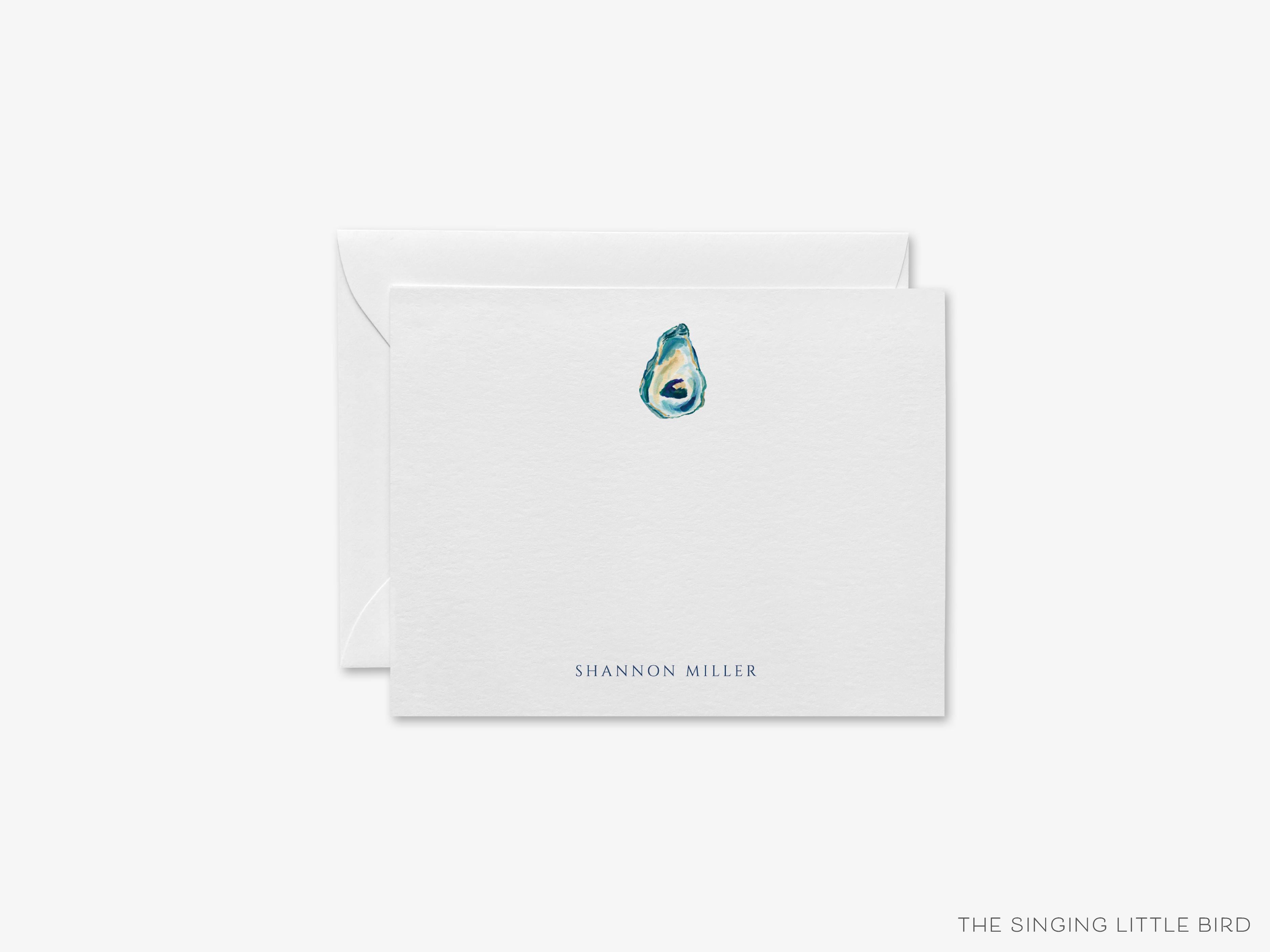 Personalized Oyster Flat Notes-These personalized flat notecards are 4.25x5.5 and feature our hand-painted watercolor oyster, printed in the USA on 120lb textured stock. They come with your choice of envelopes and make great thank yous and gifts for the beach lover in your life.-The Singing Little Bird