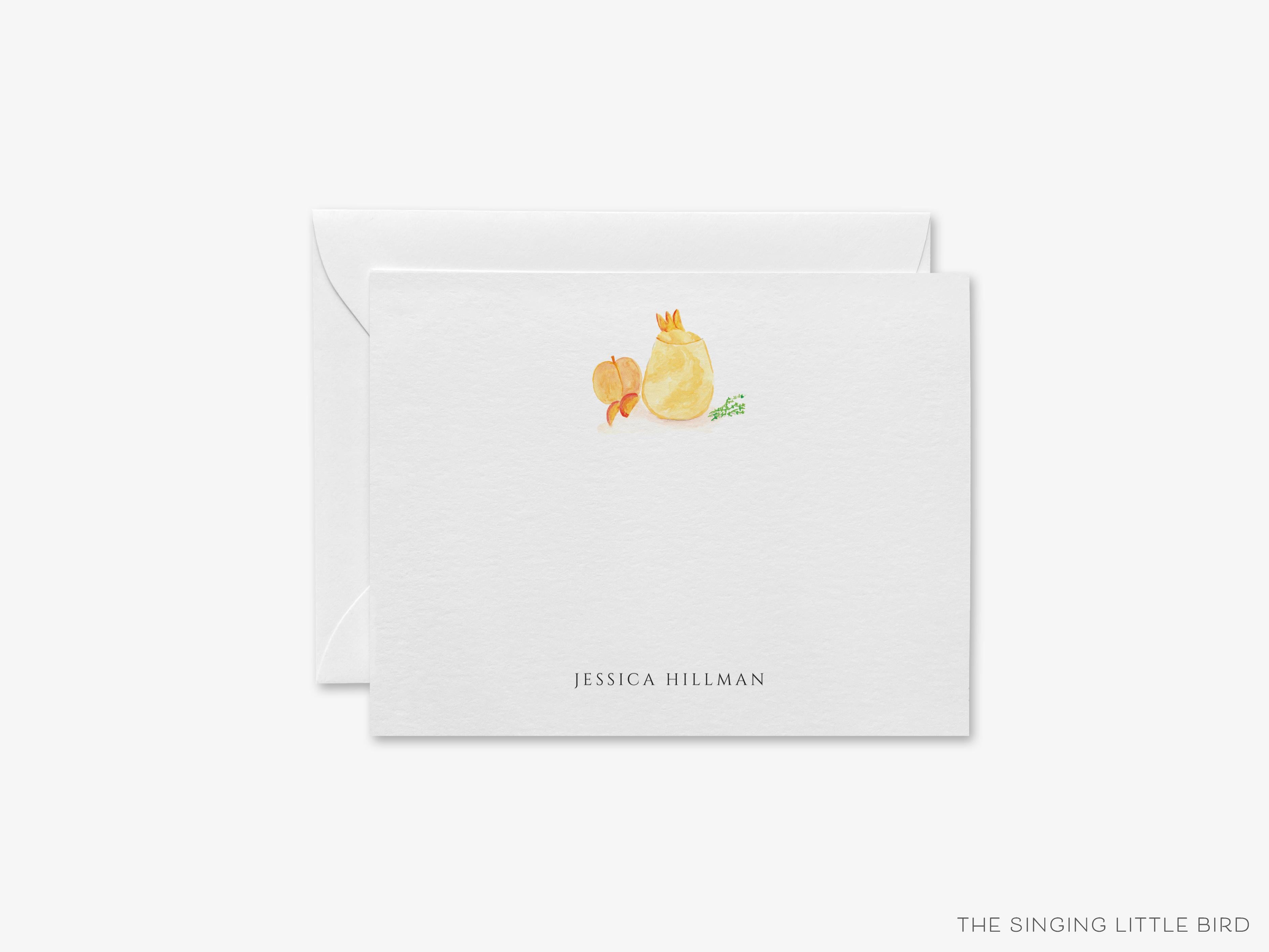 Personalized Peach Bellini Cocktail Flat Notes-These personalized flat notecards are 4.25x5.5 and feature our hand-painted watercolor peach and cocktail glass, printed in the USA on 120lb textured stock. They come with your choice of envelopes and make great thank yous and gifts for the cocktail lover in your life.-The Singing Little Bird
