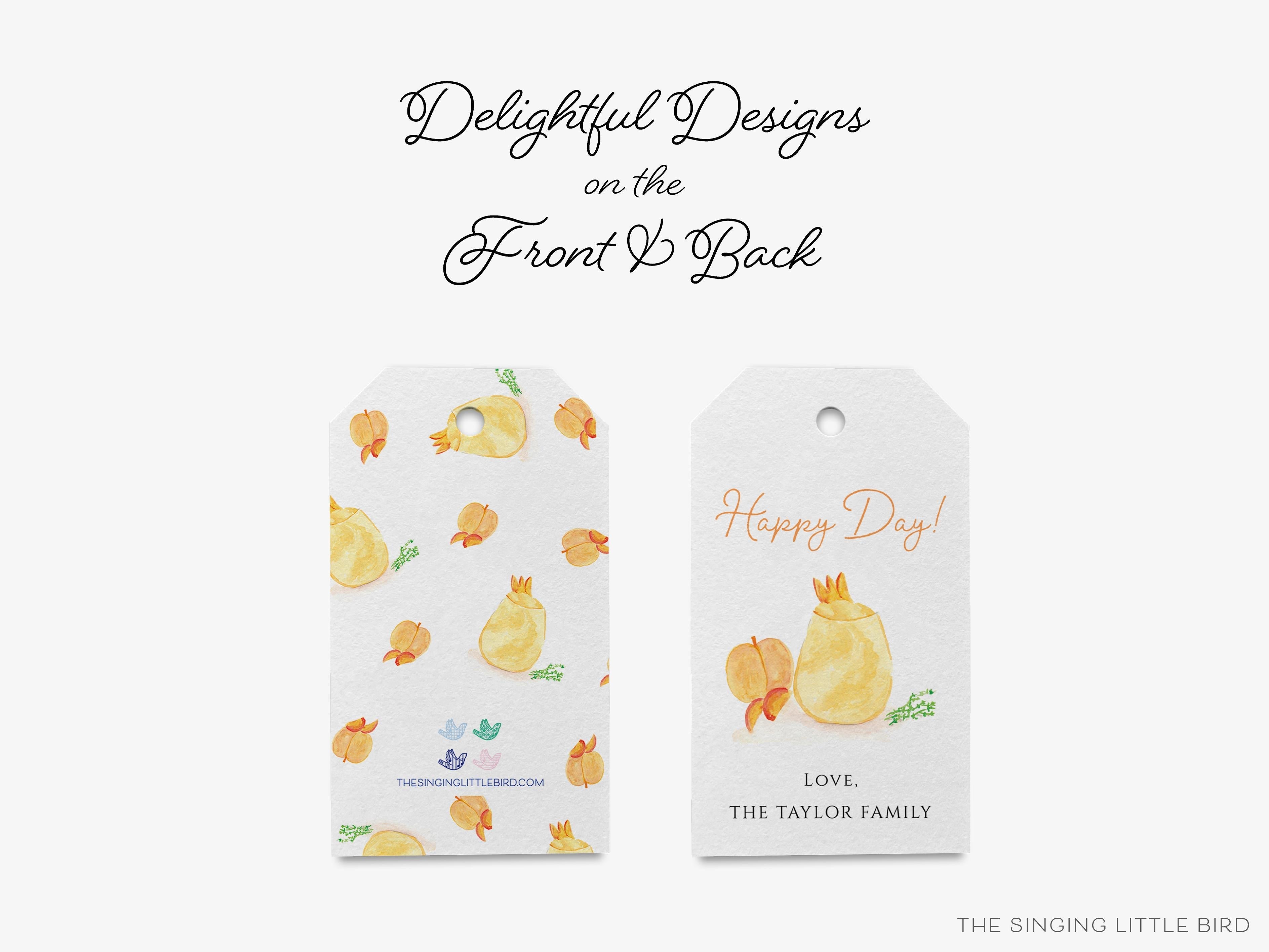 Personalized Peach Bellini Happy Day Gift Tags-These gift tags come in sets, hole-punched with white twine and feature our hand-painted watercolor peach and cocktail glass, printed in the USA on 120lb textured stock. They make great tags for gifting or gifts for the cocktail lover in your life.-The Singing Little Bird