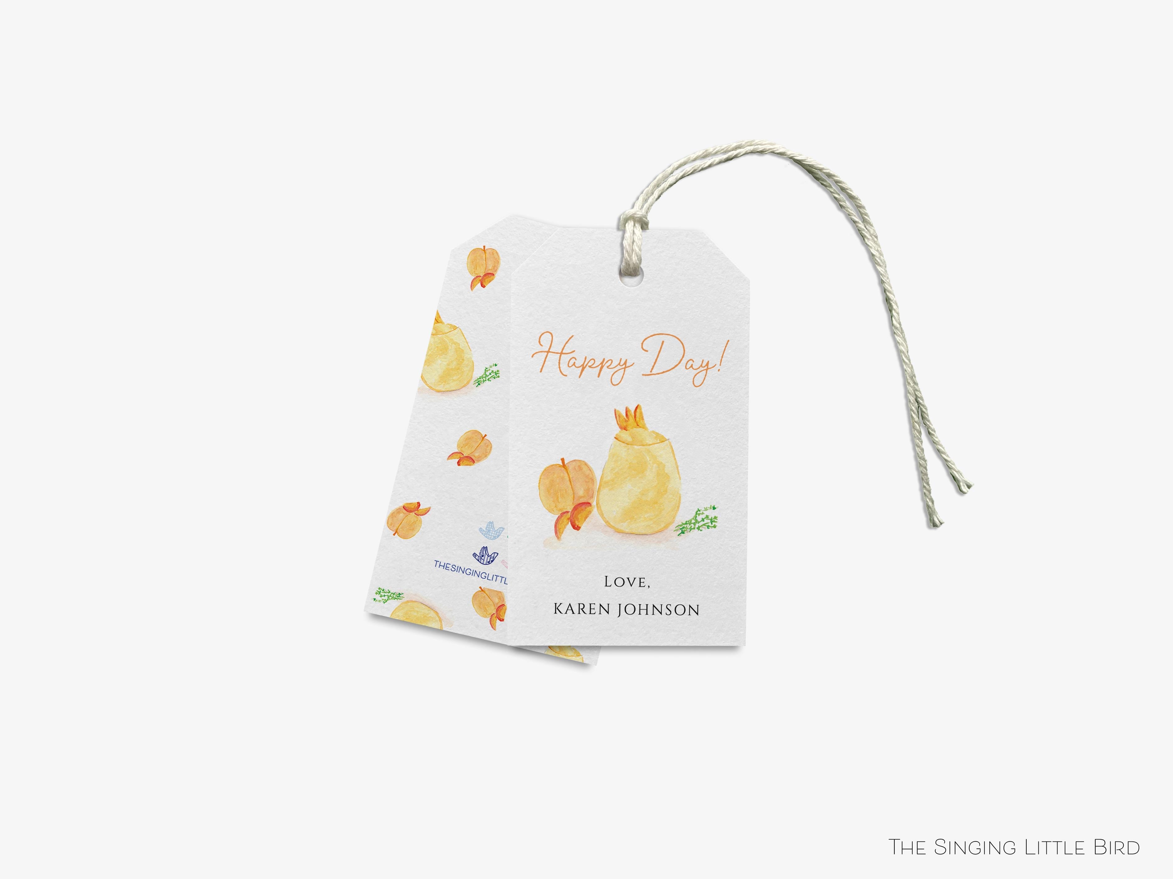Personalized Peach Bellini Happy Day Gift Tags-These gift tags come in sets, hole-punched with white twine and feature our hand-painted watercolor peach and cocktail glass, printed in the USA on 120lb textured stock. They make great tags for gifting or gifts for the cocktail lover in your life.-The Singing Little Bird