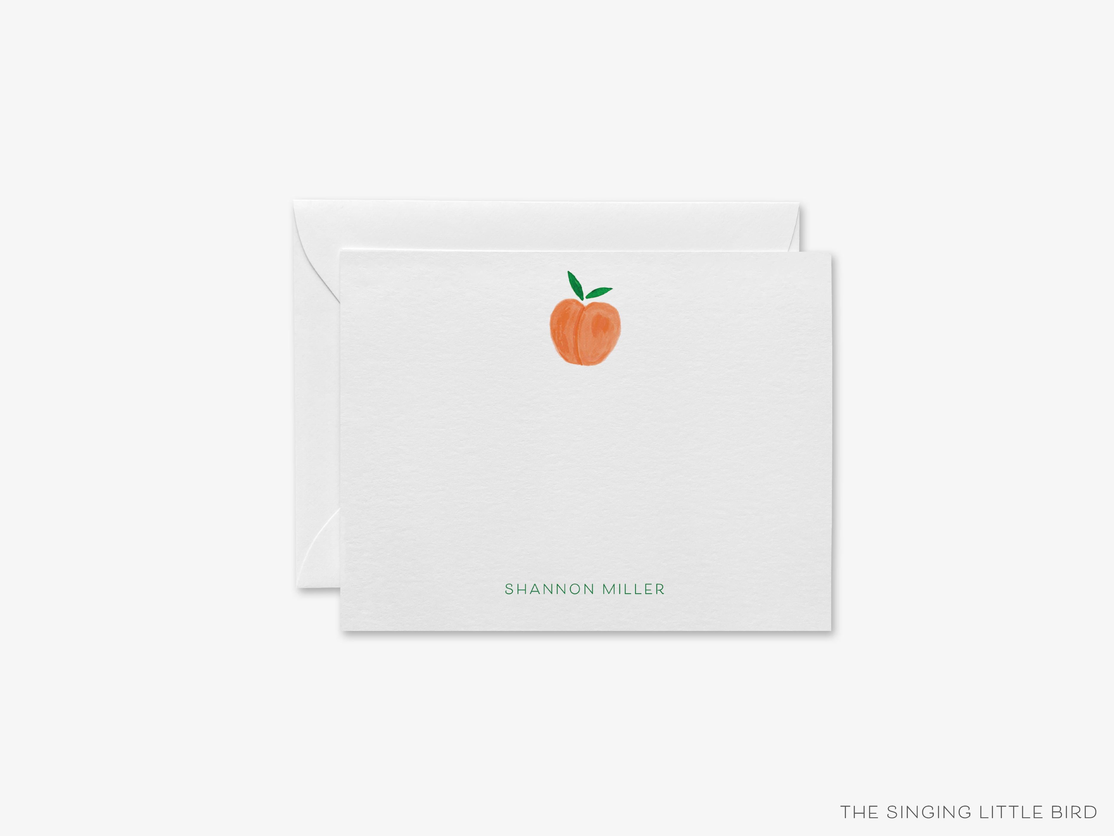 Personalized Peach Flat Notes-These personalized flat notecards are 4.25x5.5 and feature our hand-painted watercolor peach, printed in the USA on 120lb textured stock. They come with your choice of envelopes and make great thank yous and gifts for the fruit lover in your life.-The Singing Little Bird