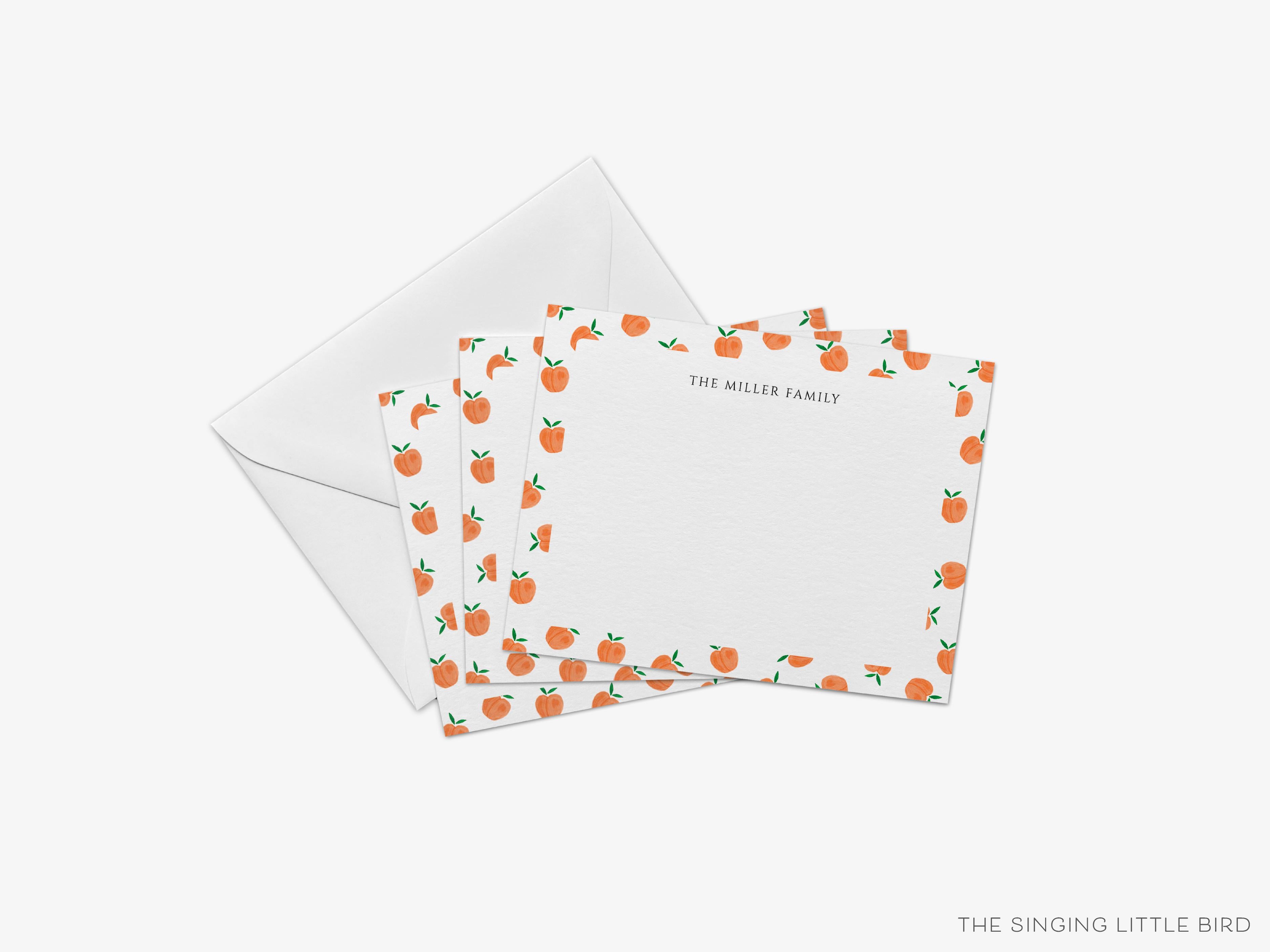 Personalized Peaches Flat Notes-These personalized flat notecards are 4.25x5.5 and feature our hand-painted watercolor peaches, printed in the USA on 120lb textured stock. They come with your choice of envelopes and make great thank yous and gifts for the fruit lover in your life.-The Singing Little Bird