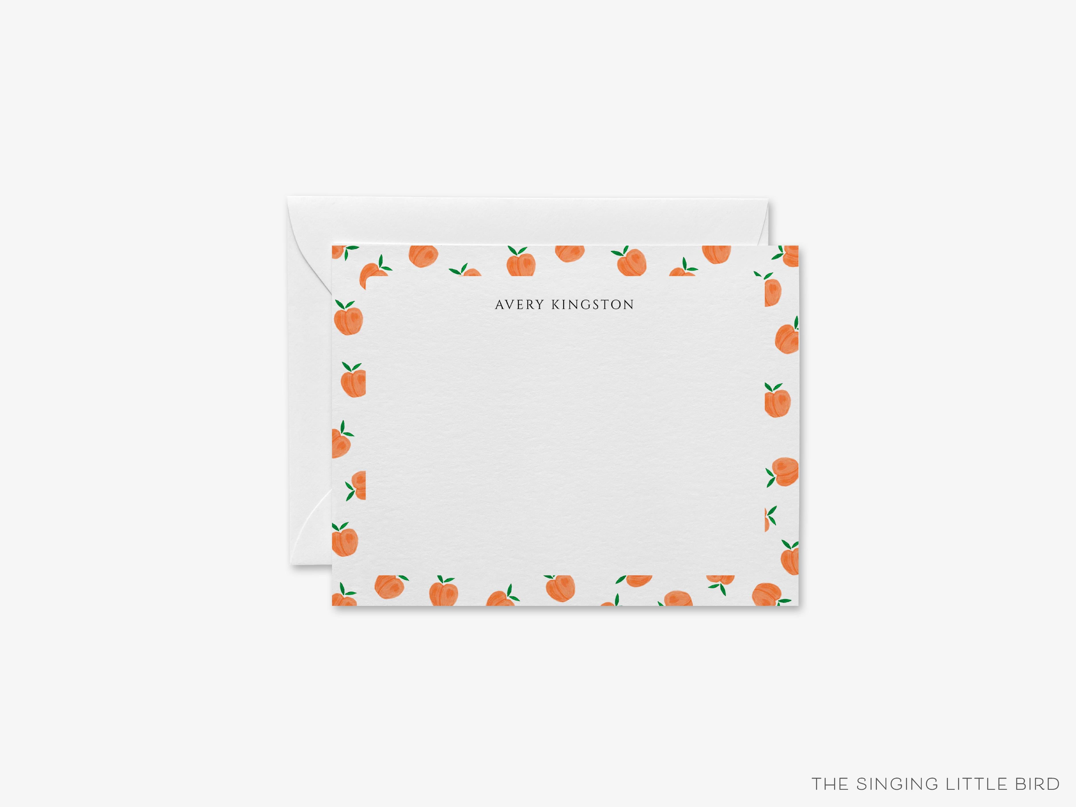 Personalized Peaches Flat Notes-These personalized flat notecards are 4.25x5.5 and feature our hand-painted watercolor peaches, printed in the USA on 120lb textured stock. They come with your choice of envelopes and make great thank yous and gifts for the fruit lover in your life.-The Singing Little Bird