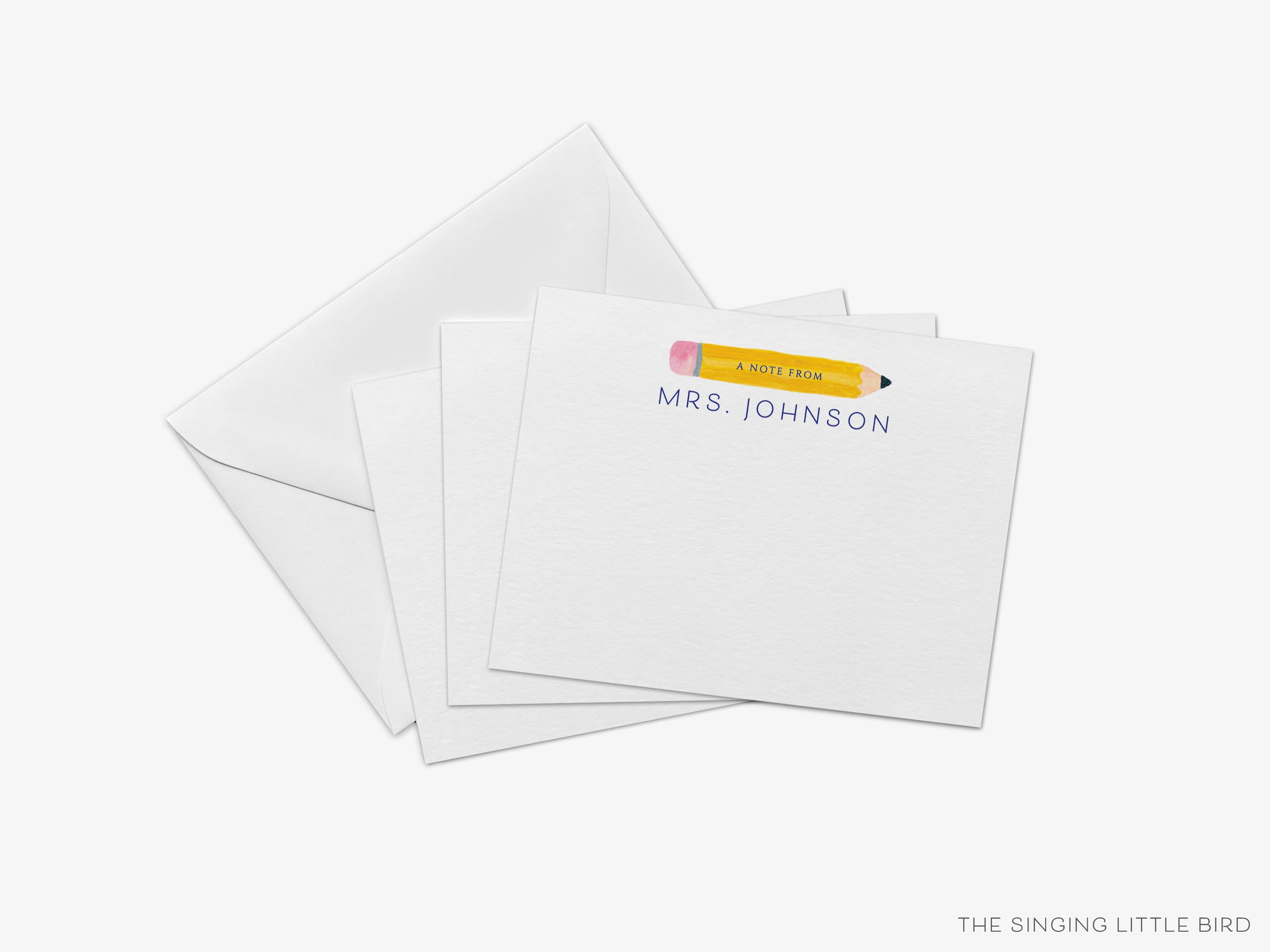 Personalized Pencil Teacher Flat Notes-These personalized flat notecards are 4.25x5.5 and feature our hand-painted watercolor pencil, printed in the USA on 120lb textured stock. They come with your choice of envelopes and make great thank yous and gifts for the educator lover in your life.-The Singing Little Bird