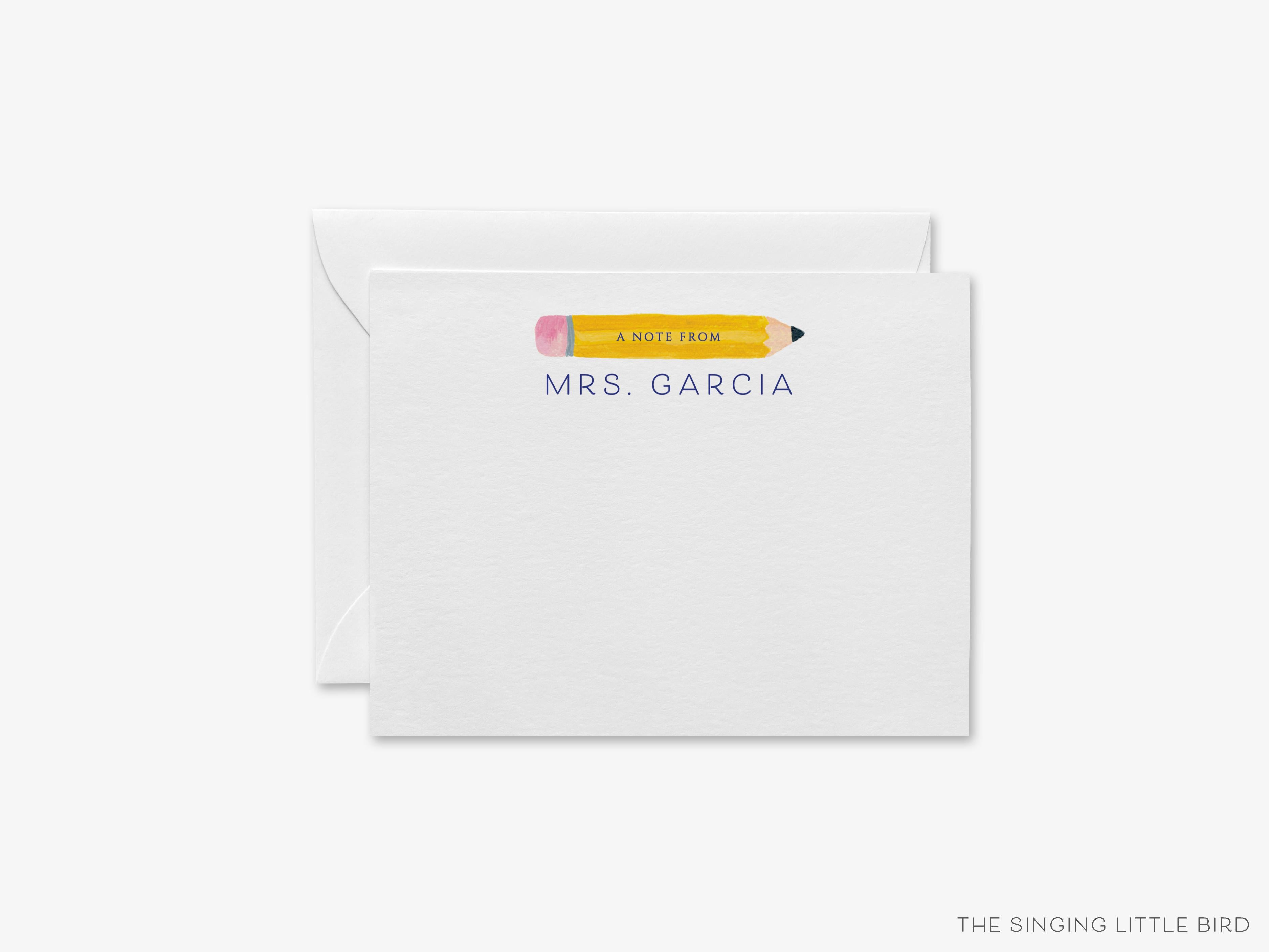 Personalized Pencil Teacher Flat Notes-These personalized flat notecards are 4.25x5.5 and feature our hand-painted watercolor pencil, printed in the USA on 120lb textured stock. They come with your choice of envelopes and make great thank yous and gifts for the educator lover in your life.-The Singing Little Bird