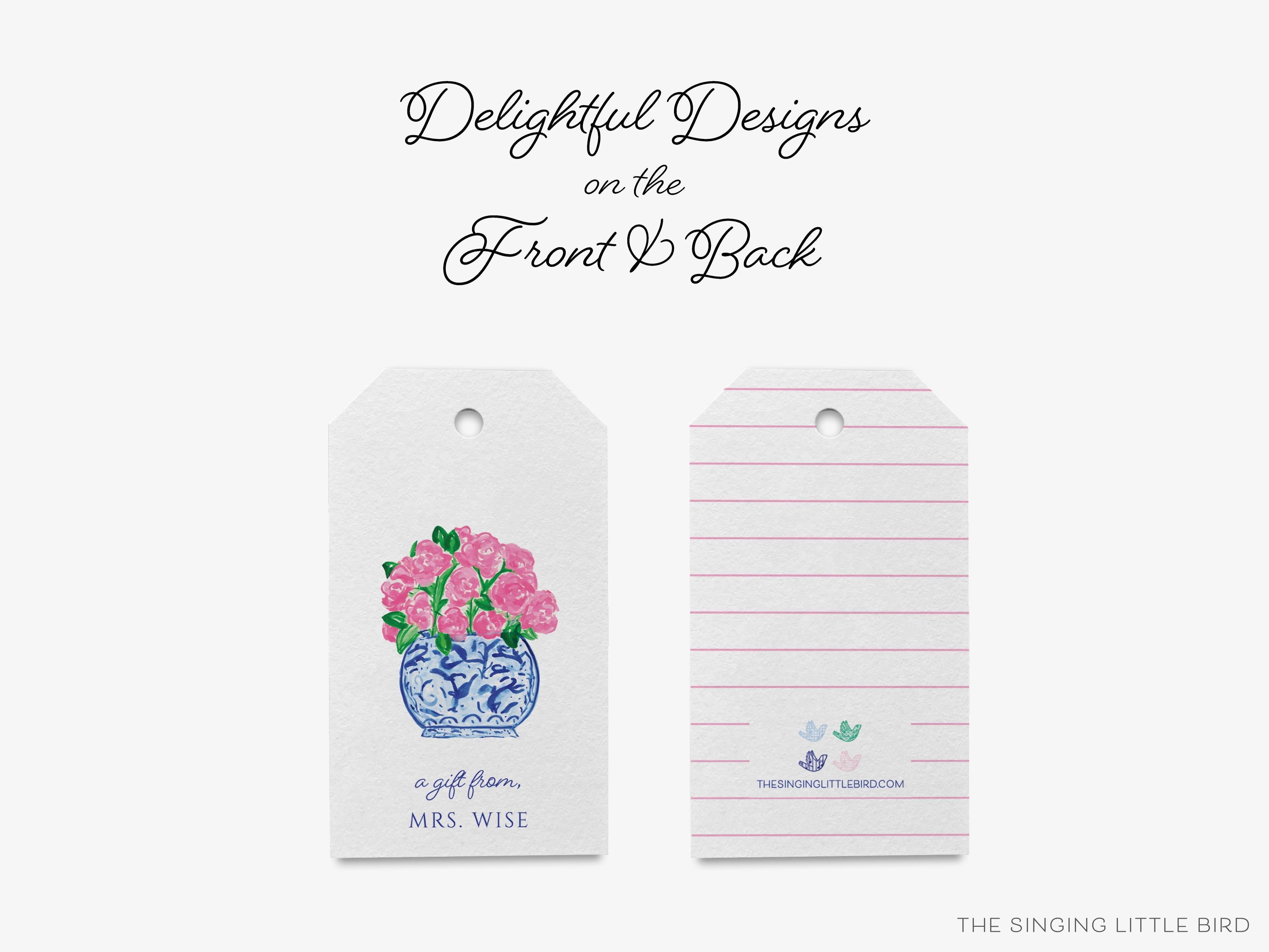 Personalized Peonies in Ginger Jar Gift Tags-These gift tags come in sets, hole-punched with white twine and feature our hand-painted watercolor peonies and ginger jar, printed in the USA on 120lb textured stock. They make great tags for gifting or gifts for the chinoiserie lover in your life.-The Singing Little Bird
