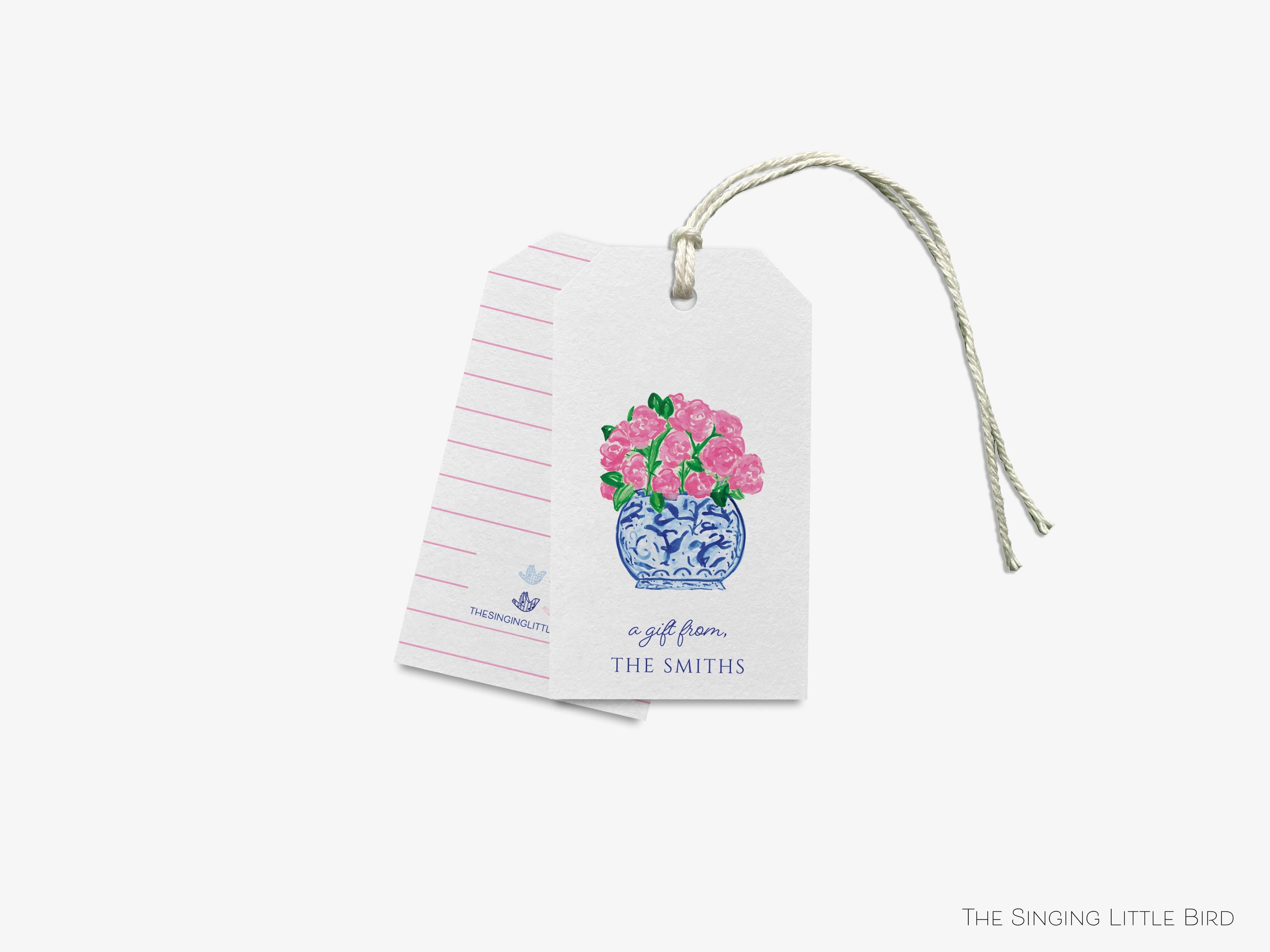 Personalized Peonies in Ginger Jar Gift Tags-These gift tags come in sets, hole-punched with white twine and feature our hand-painted watercolor peonies and ginger jar, printed in the USA on 120lb textured stock. They make great tags for gifting or gifts for the chinoiserie lover in your life.-The Singing Little Bird
