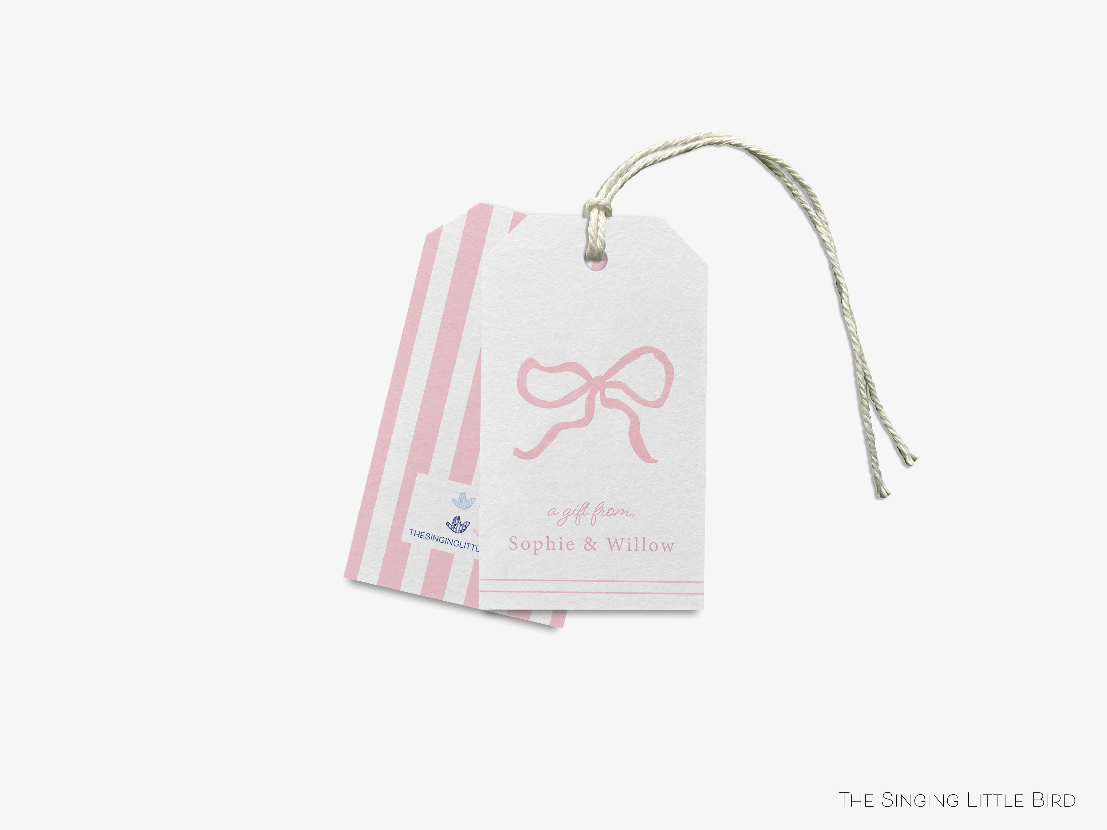 Personalized Pink Bow Gift Tags-These gift tags come in sets, hole-punched with white twine and feature our hand-painted watercolor pink bow, printed in the USA on 120lb textured stock. They make great tags for gifting or gifts for the feminine lover in your life.-The Singing Little Bird
