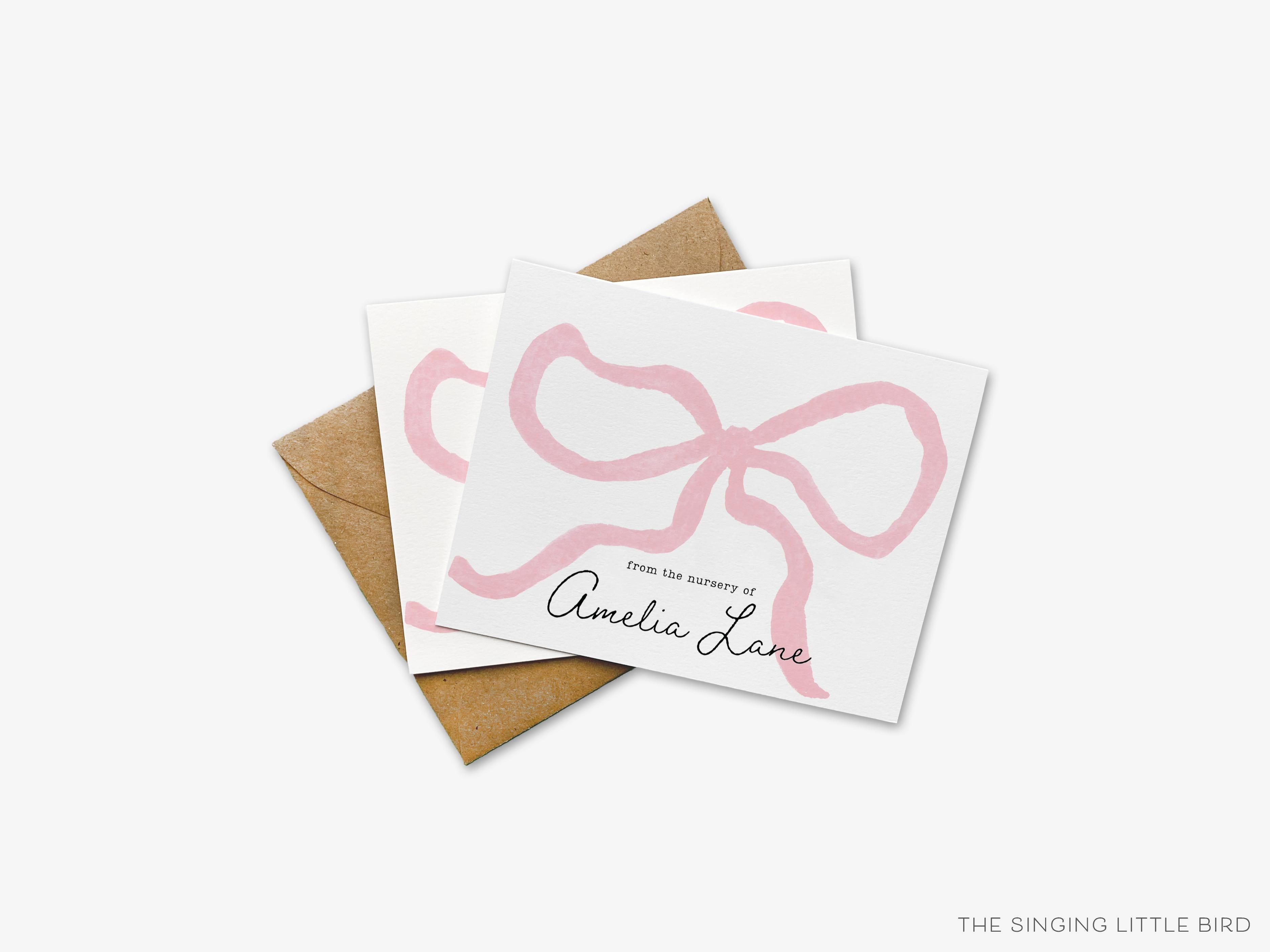 Personalized Pink Bow Greeting Cards-These folded greeting cards are 4.25x5.5 and feature our hand-painted pink bow, printed in the USA on 100lb textured stock. They come with a White or Kraft envelope and make a great thank you card for the feminine lover in your life.-The Singing Little Bird