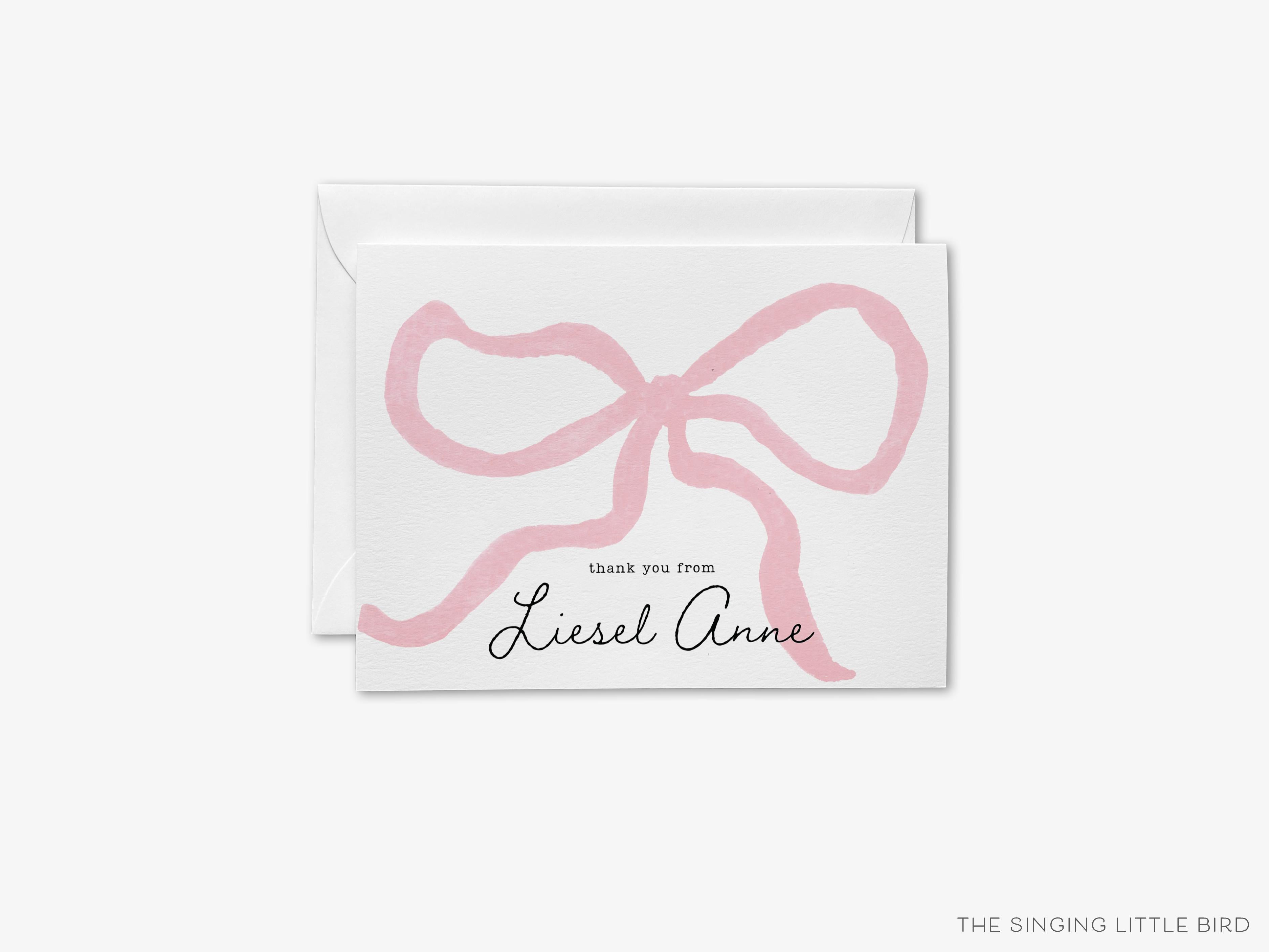Personalized Pink Bow Greeting Cards-These folded greeting cards are 4.25x5.5 and feature our hand-painted pink bow, printed in the USA on 100lb textured stock. They come with a White or Kraft envelope and make a great thank you card for the feminine lover in your life.-The Singing Little Bird