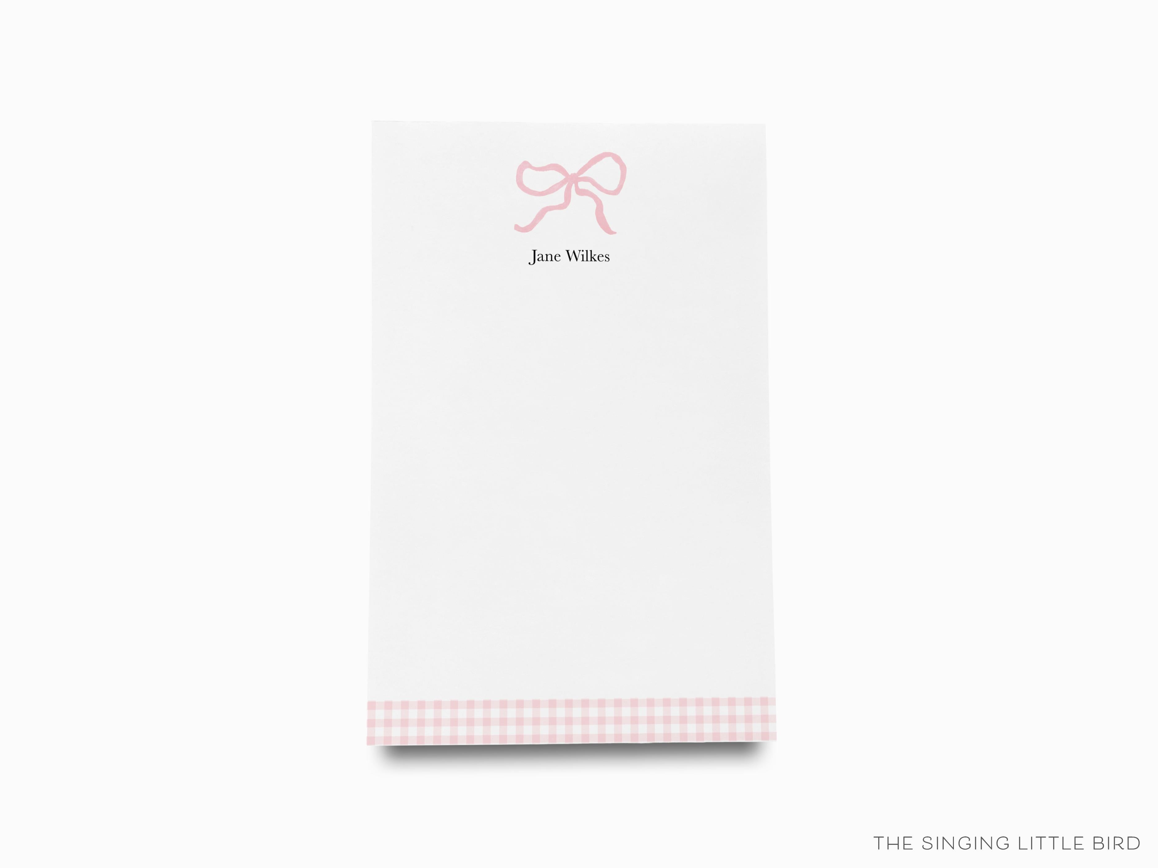 Personalized Pink Bow Notepad-These personalized notepads feature our hand-painted watercolor bow, printed in the USA on a beautiful smooth stock. You choose which size you want (or bundled together for a beautiful gift set) and makes a great gift for the checklist and feminine bow lover in your life.-The Singing Little Bird