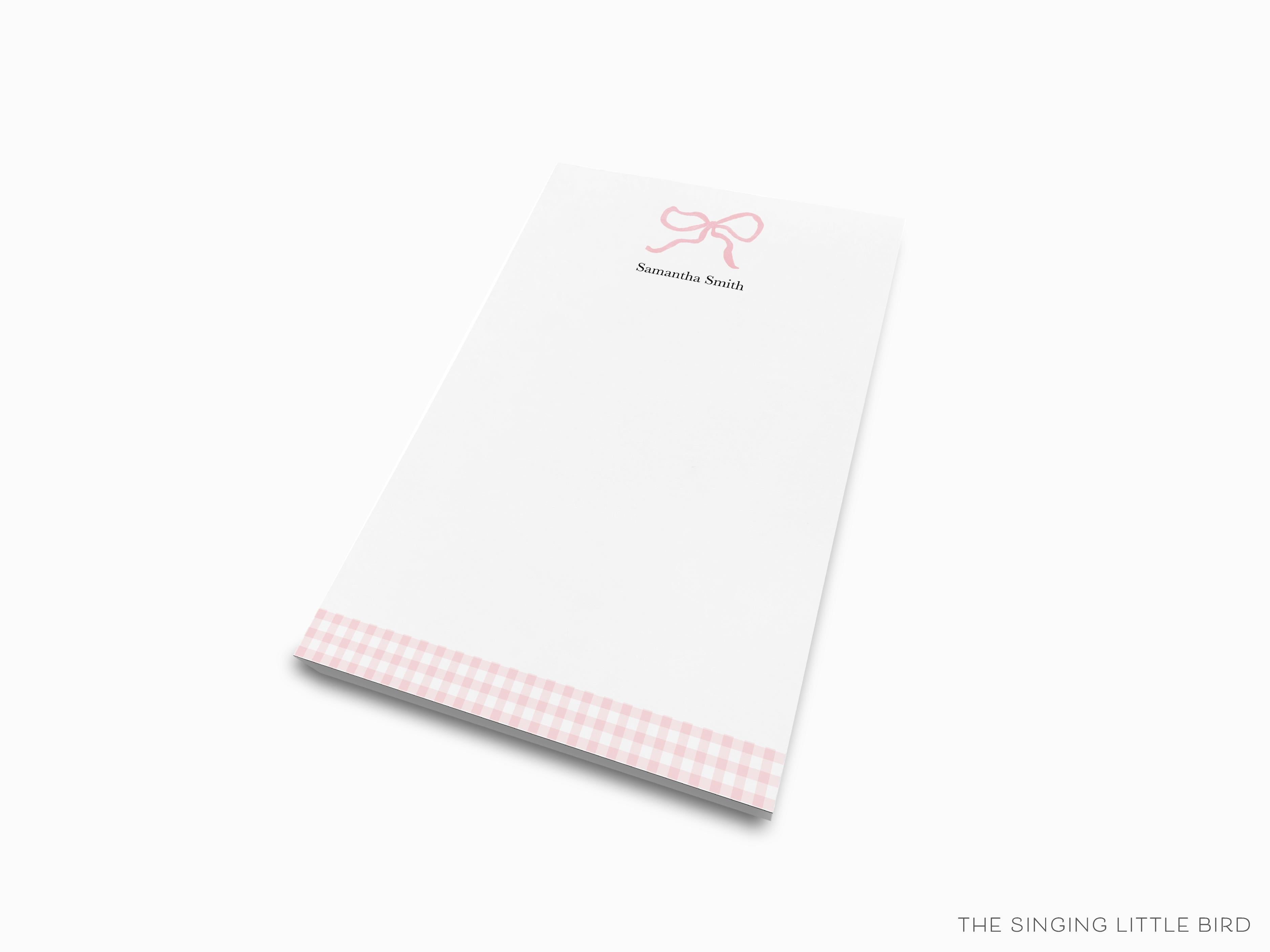 Personalized Pink Bow Notepad-These personalized notepads feature our hand-painted watercolor bow, printed in the USA on a beautiful smooth stock. You choose which size you want (or bundled together for a beautiful gift set) and makes a great gift for the checklist and feminine bow lover in your life.-The Singing Little Bird