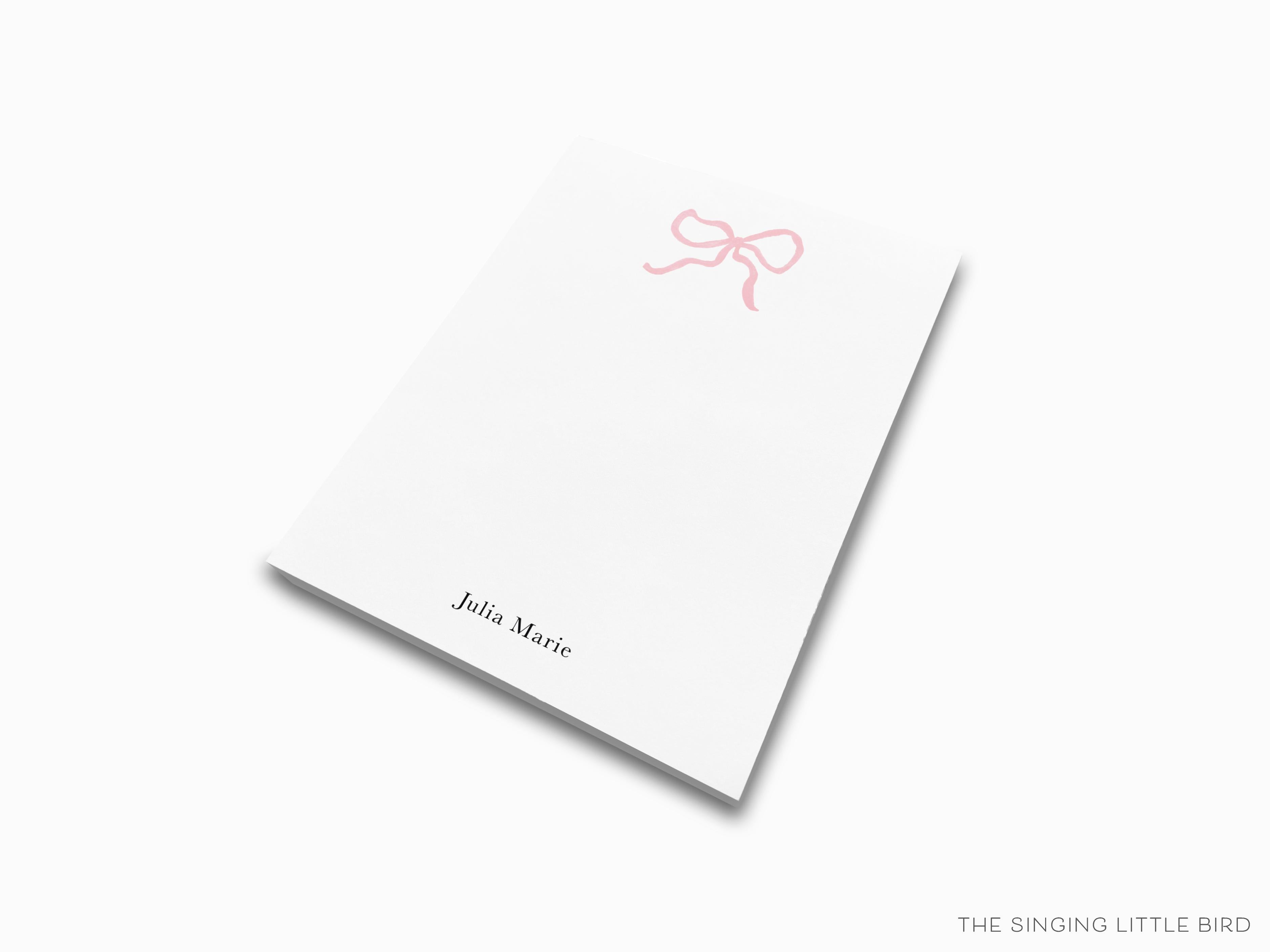 Personalized Pink Bow Notepad-These personalized notepads feature our hand-painted watercolor bow, printed in the USA on a beautiful smooth stock. You choose which size you want (or bundled together for a beautiful gift set) and makes a great gift for the checklist and feminine bow lover in your life.-The Singing Little Bird