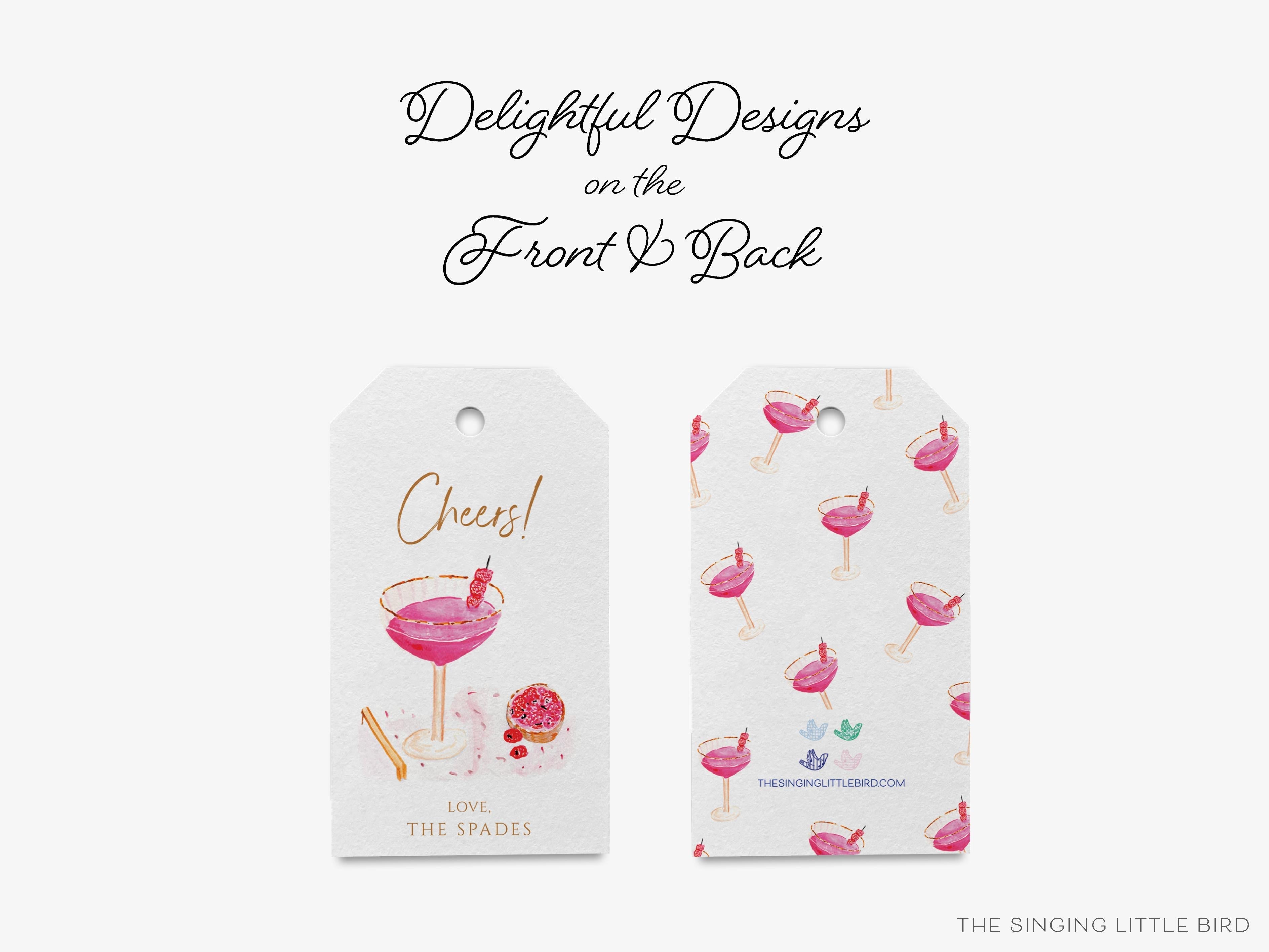 Personalized Pink Coupe Glass Cheers Gift Tags-These gift tags come in sets, hole-punched with white twine and feature our hand-painted watercolor pink cocktail glass, printed in the USA on 120lb textured stock. They make great tags for gifting or gifts for the cocktail lover in your life.-The Singing Little Bird