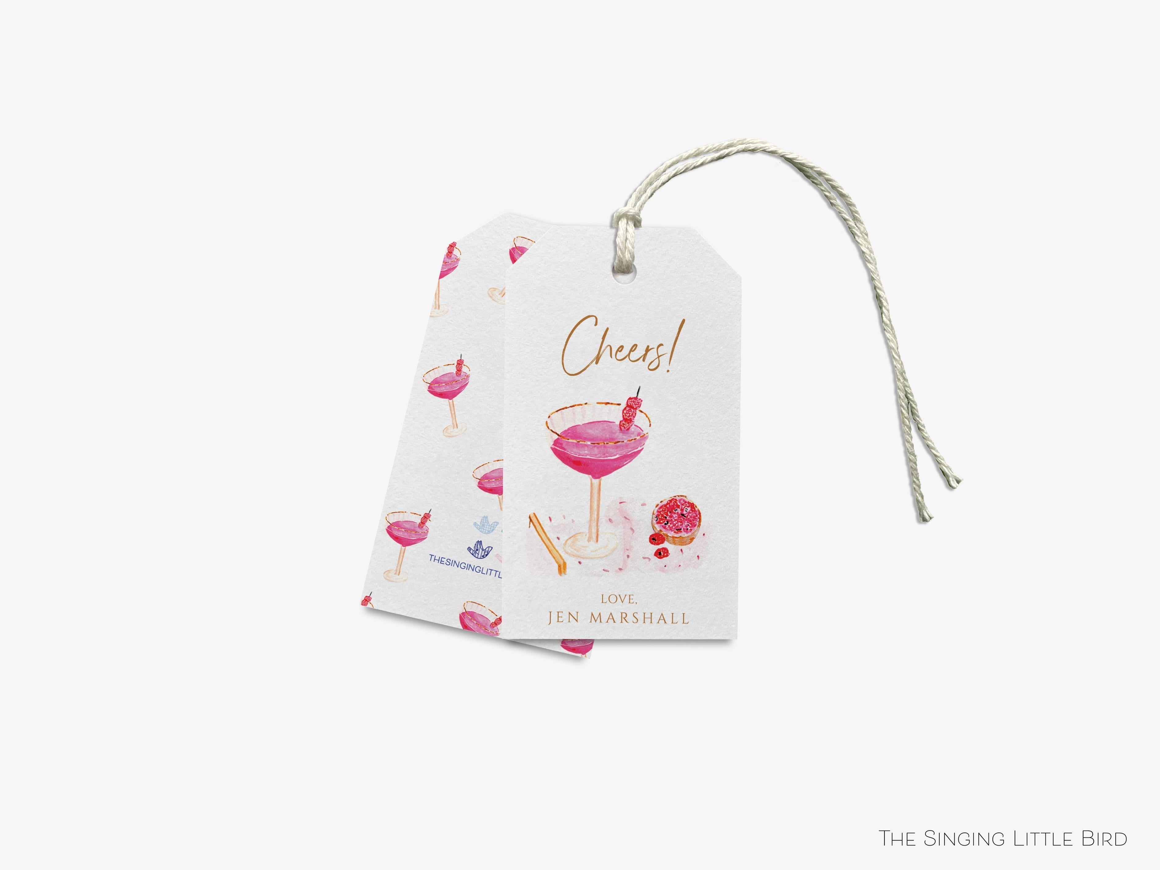 Personalized Pink Coupe Glass Cheers Gift Tags-These gift tags come in sets, hole-punched with white twine and feature our hand-painted watercolor pink cocktail glass, printed in the USA on 120lb textured stock. They make great tags for gifting or gifts for the cocktail lover in your life.-The Singing Little Bird