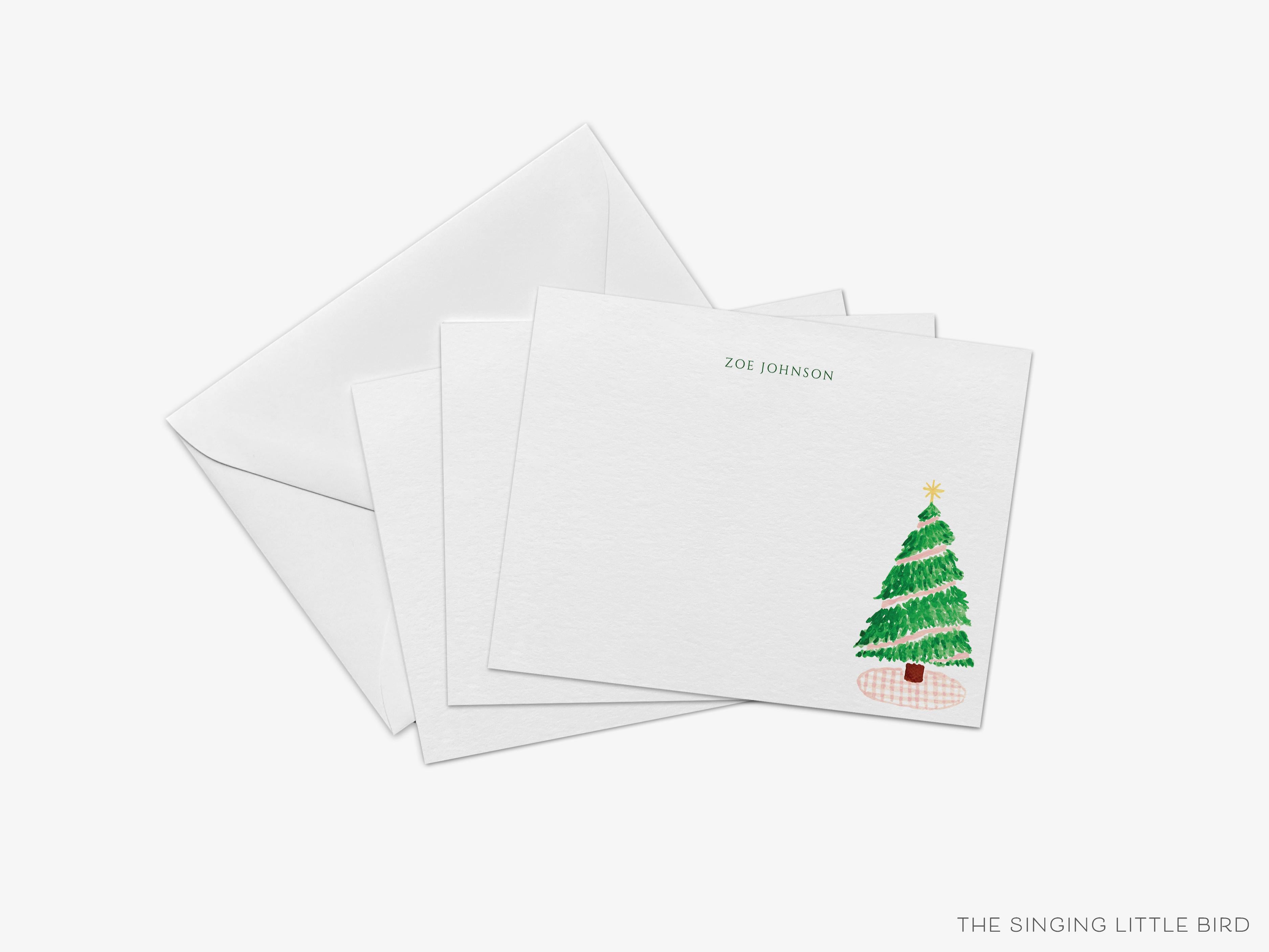 Personalized Pink Gingham Christmas Tree Flat Notes-These personalized flat notecards are 4.25x5.5 and feature our hand-painted watercolor Christmas tree and pink gingham, printed in the USA on 120lb textured stock. They come with your choice of envelopes and make great thank yous and gifts for the hoiday lover in your life.-The Singing Little Bird