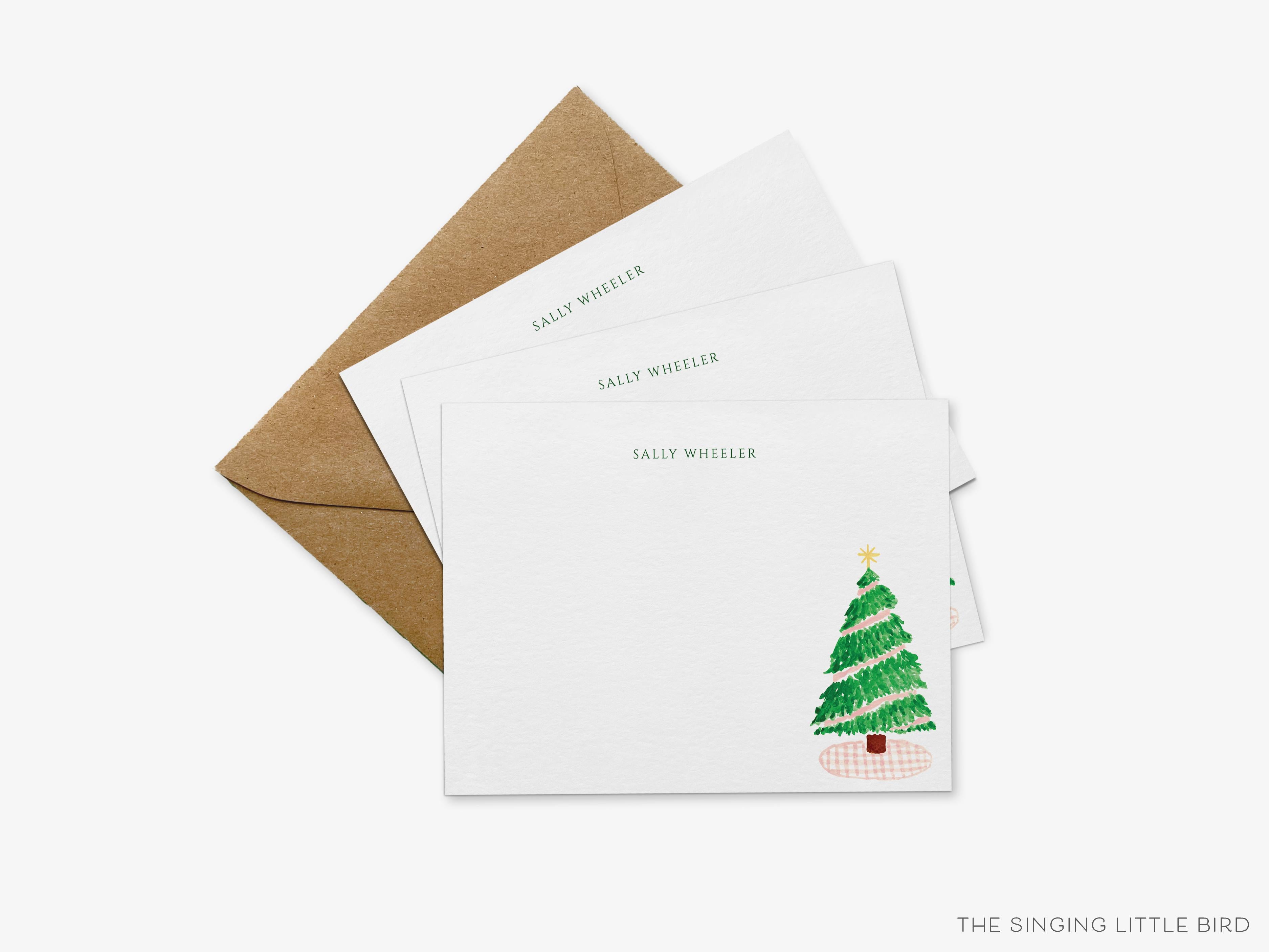 Personalized Pink Gingham Christmas Tree Flat Notes-These personalized flat notecards are 4.25x5.5 and feature our hand-painted watercolor Christmas tree and pink gingham, printed in the USA on 120lb textured stock. They come with your choice of envelopes and make great thank yous and gifts for the hoiday lover in your life.-The Singing Little Bird