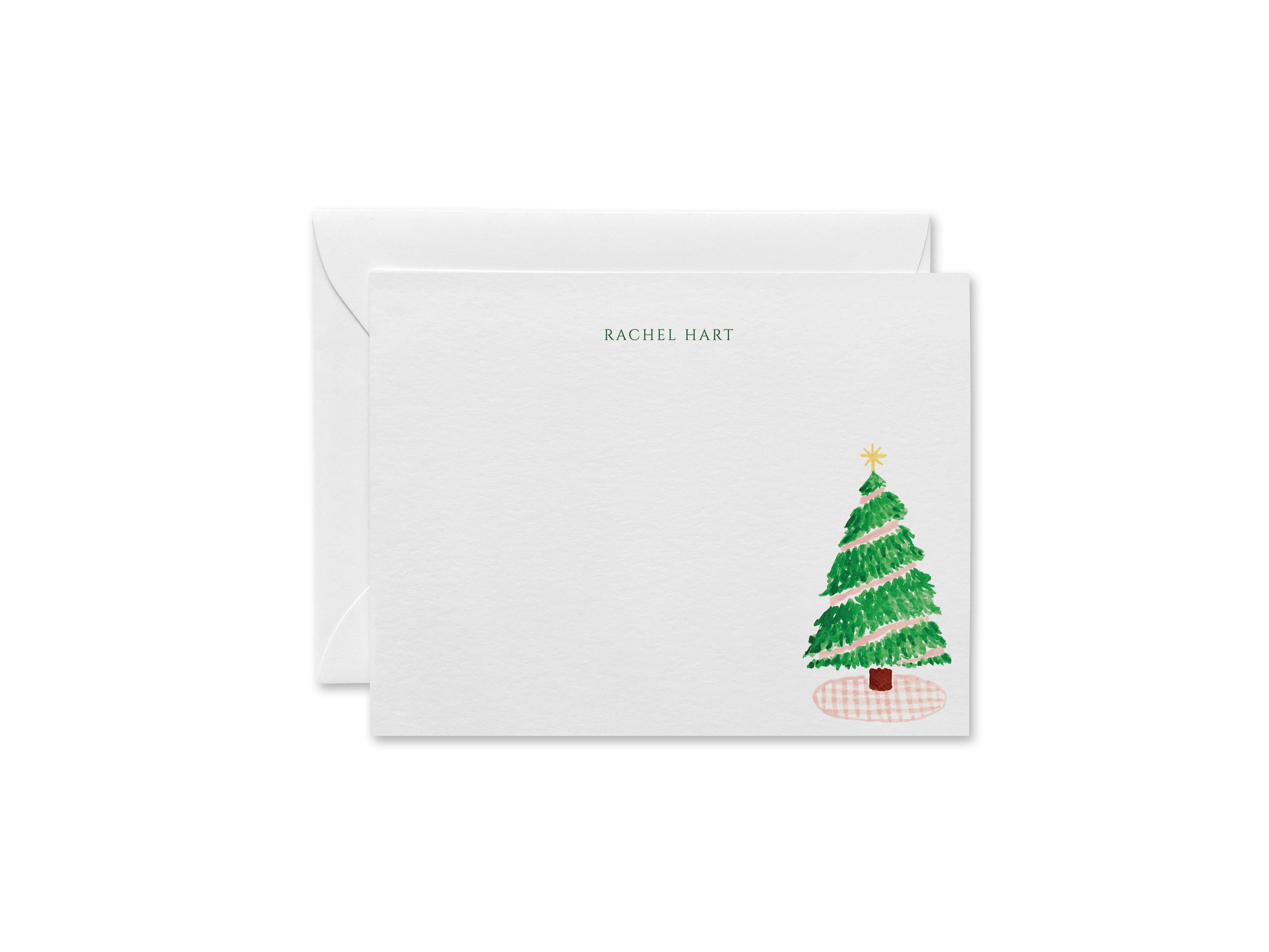 Personalized Pink Gingham Christmas Tree Flat Notes-These personalized flat notecards are 4.25x5.5 and feature our hand-painted watercolor Christmas tree and pink gingham, printed in the USA on 120lb textured stock. They come with your choice of envelopes and make great thank yous and gifts for the hoiday lover in your life.-The Singing Little Bird